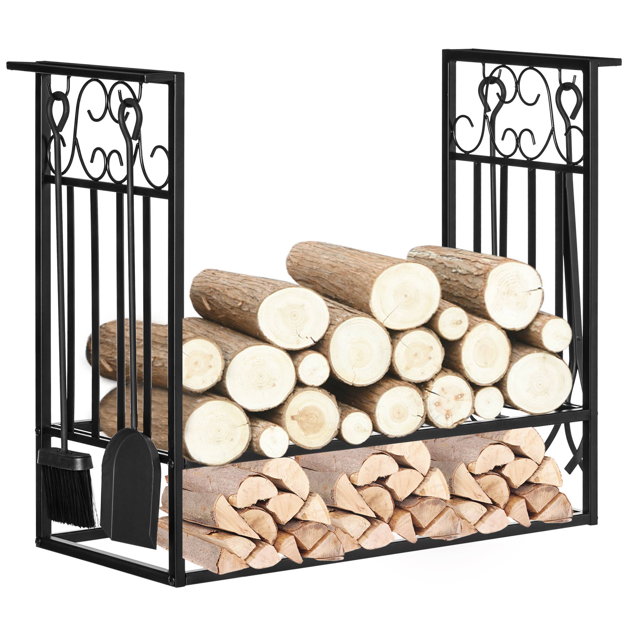 Porte‑bûches cheminée 75x30x60 cm, style vintage, 4 outils, base surélevée, charge 100 kg, acier, intérieur‑extérieur, noir