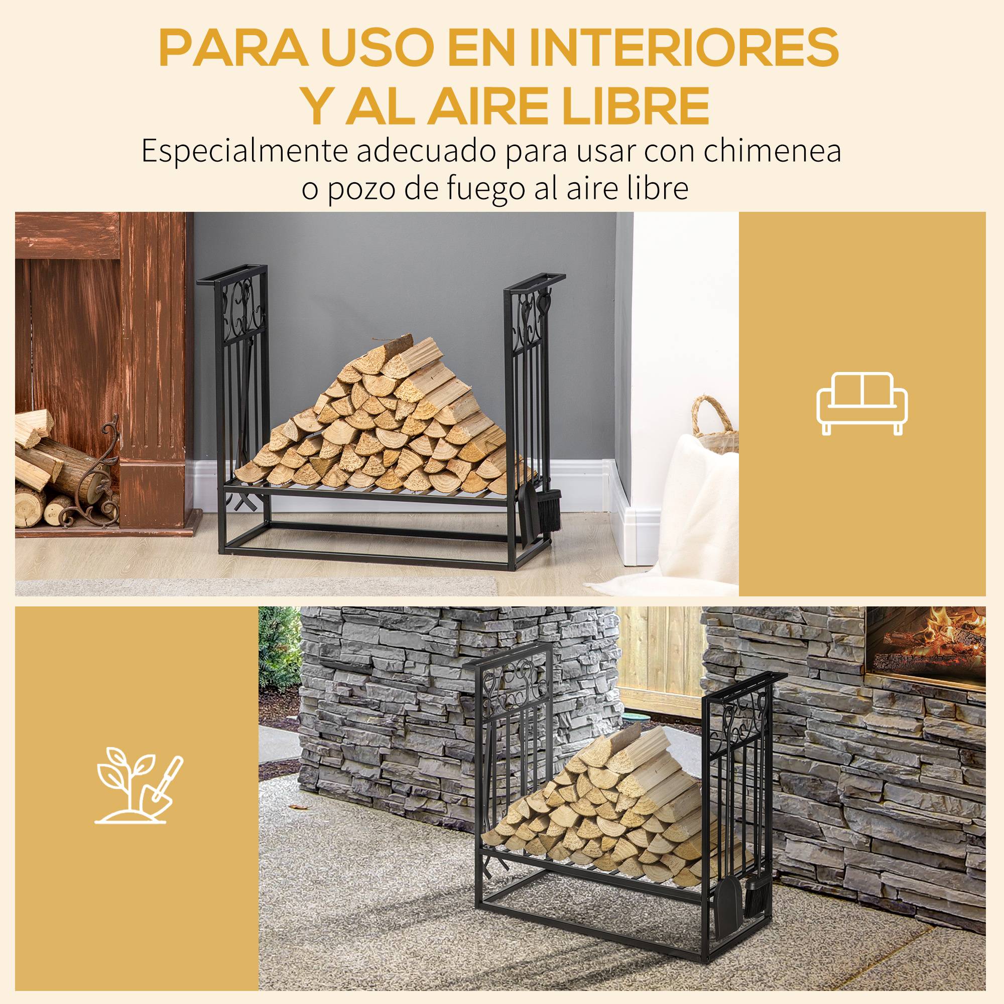 Porte‑bûches cheminée 75x30x60 cm, style vintage, 4 outils, base surélevée, charge 100 kg, acier, intérieur‑extérieur, noir - Image 7