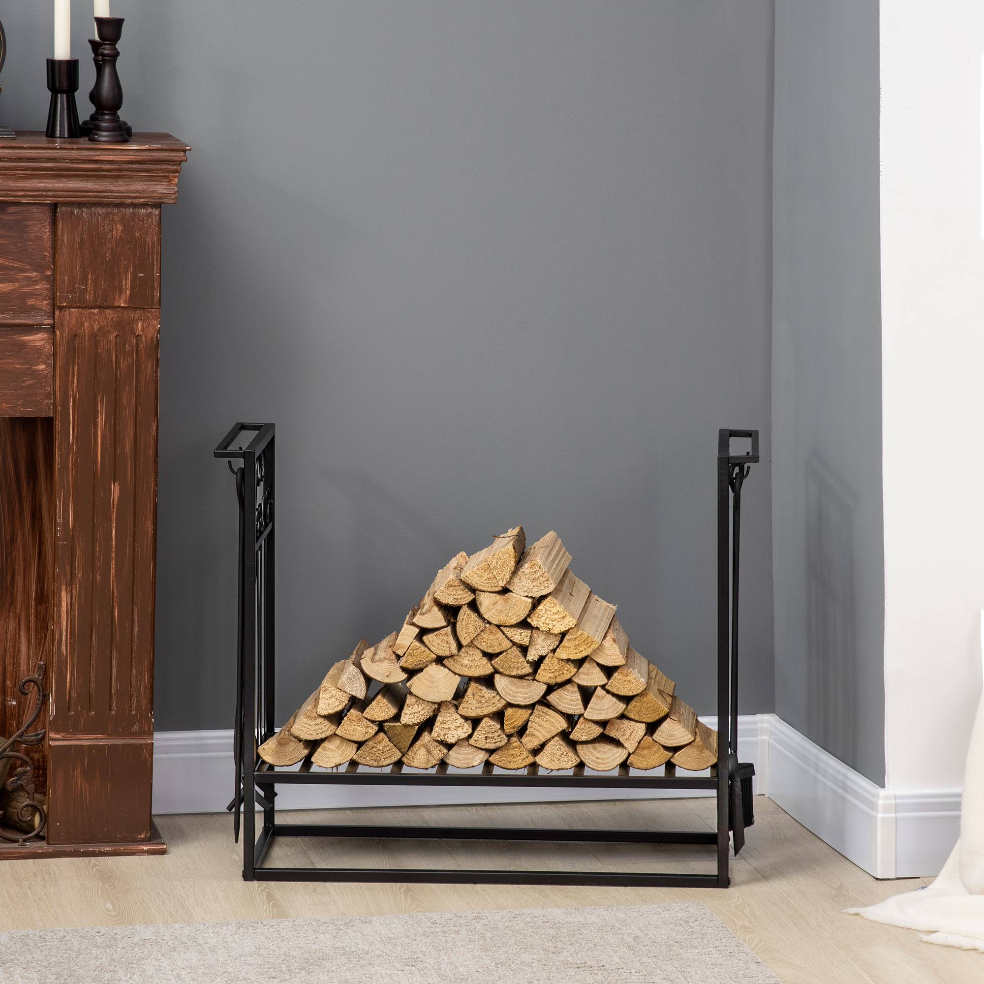 Porte‑bûches cheminée 75x30x60 cm, style vintage, 4 outils, base surélevée, charge 100 kg, acier, intérieur‑extérieur, noir - Image 8