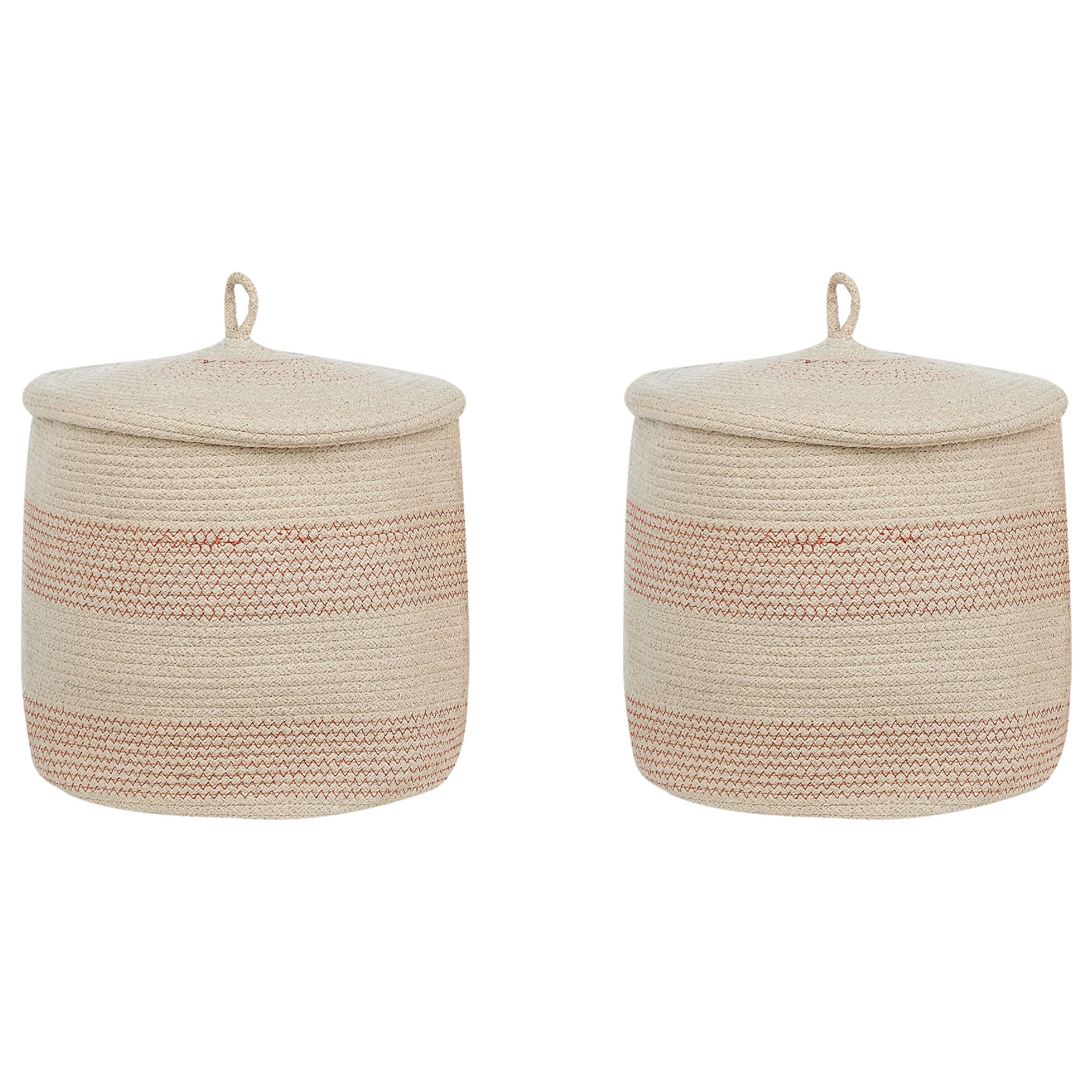 Paniers Beige Clair en Coton Ronds 33 cm Corbeille à Linge Tressée Rangement pour Intérieur Minimaliste avec Couvercle Boîte Lot de 2