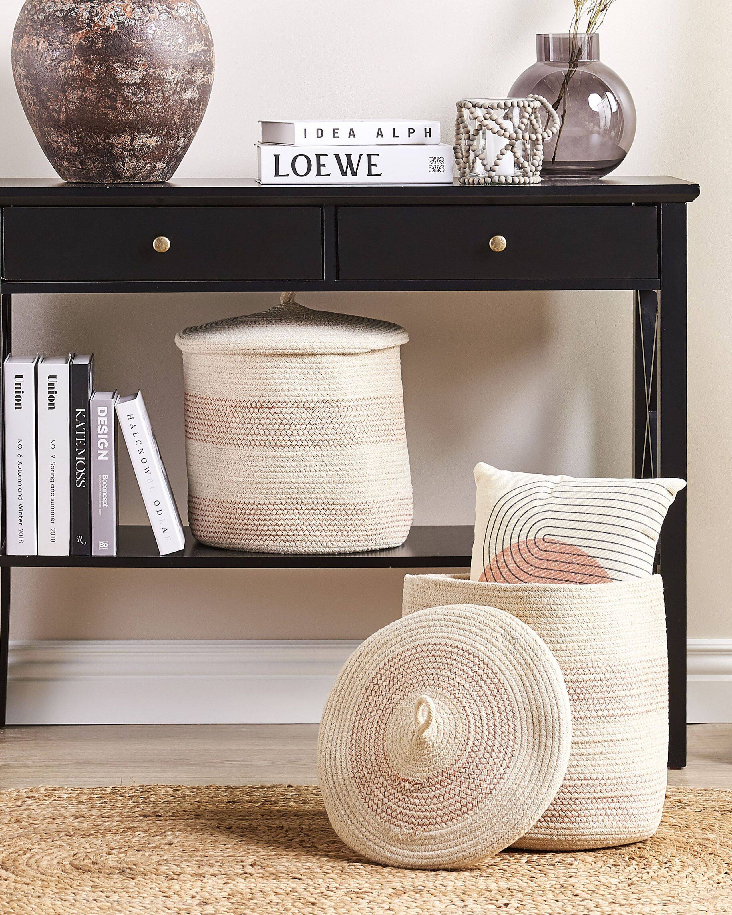 Paniers Beige Clair en Coton Ronds 33 cm Corbeille à Linge Tressée Rangement pour Intérieur Minimaliste avec Couvercle Boîte Lot de 2 - Image 2