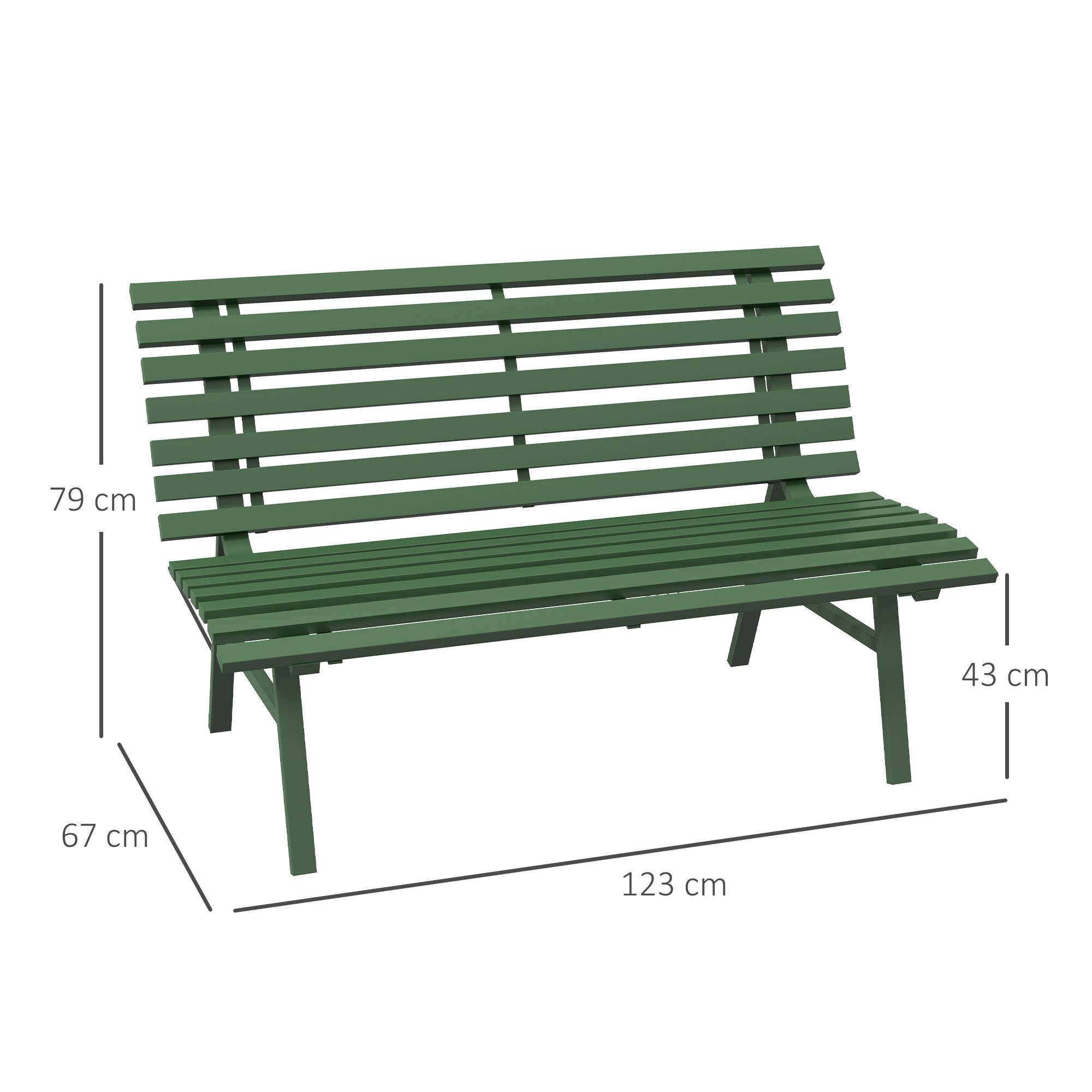 Banc de jardin extérieur 2 Places Assise Dossier à Lattes, en aluminium, dim. 123L x 67l x 79H cm, vert - Image 5