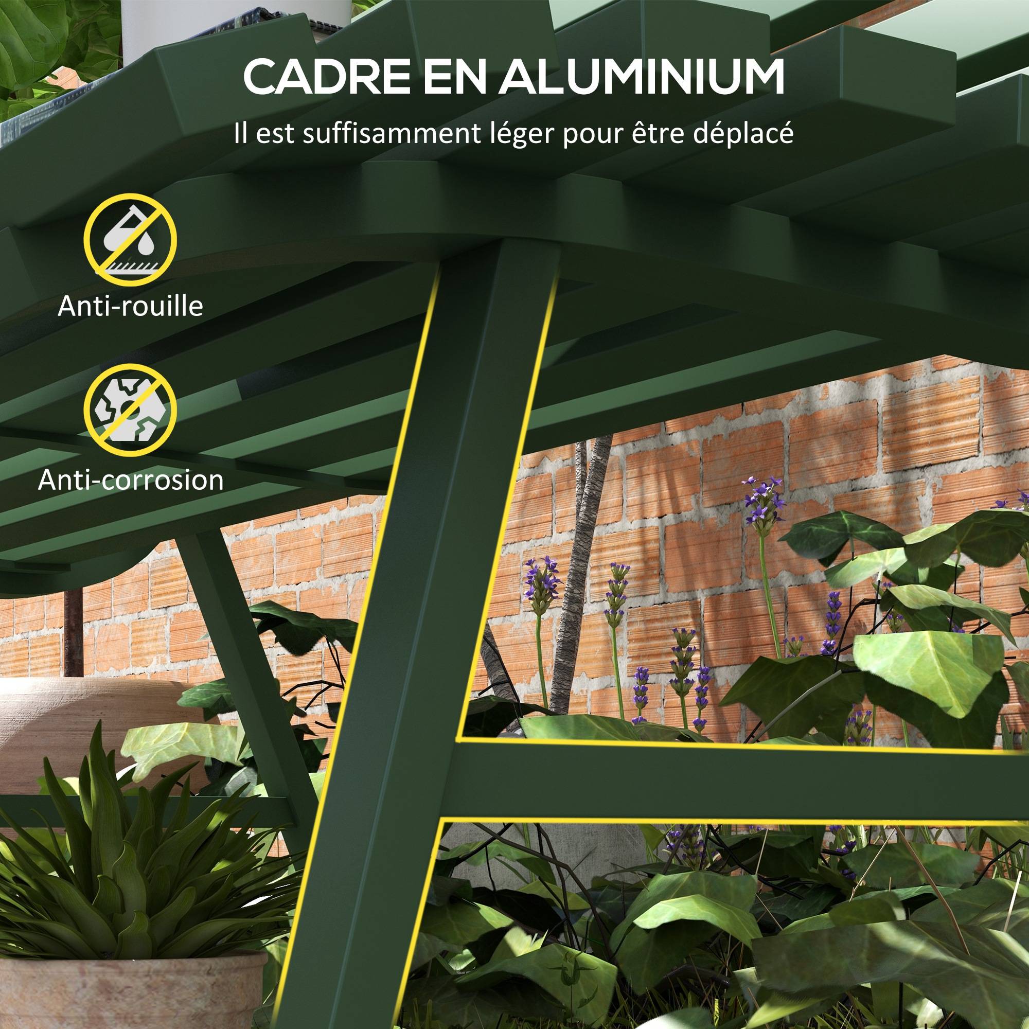 Banc de jardin extérieur 2 Places Assise Dossier à Lattes, en aluminium, dim. 123L x 67l x 79H cm, vert - Image 7