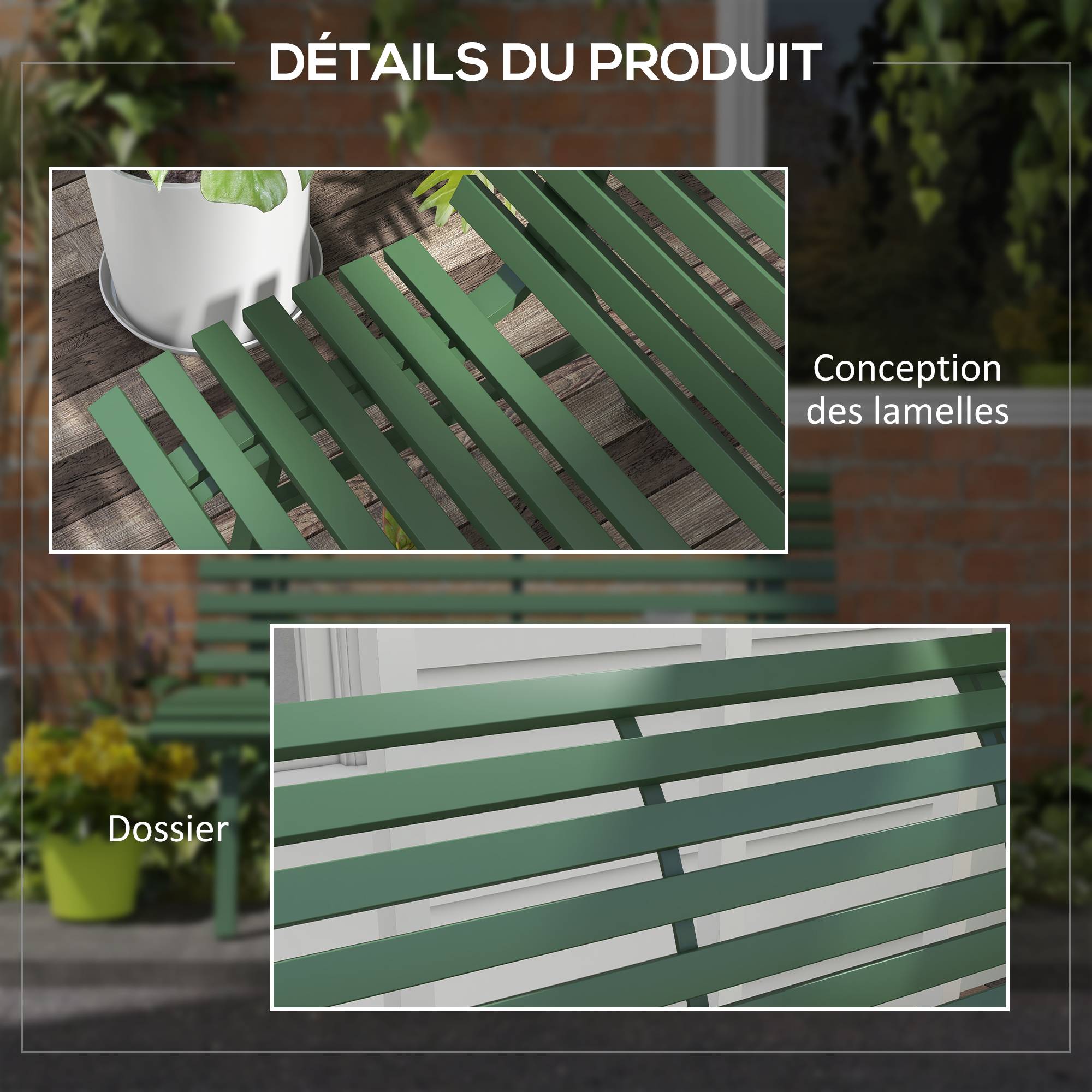 Banc de jardin extérieur 2 Places Assise Dossier à Lattes, en aluminium, dim. 123L x 67l x 79H cm, vert - Image 8