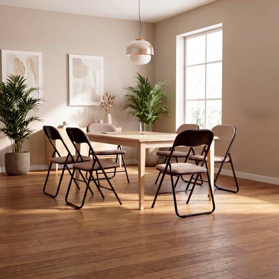 Sicaan Lot de 6 chaises pliantes rembourrées en tissu beige et pieds métal noir - GRETA - Image 7