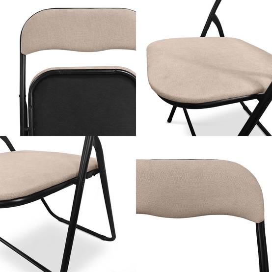 Sicaan Lot de 6 chaises pliantes rembourrées en tissu beige et pieds métal noir - GRETA - Image 6