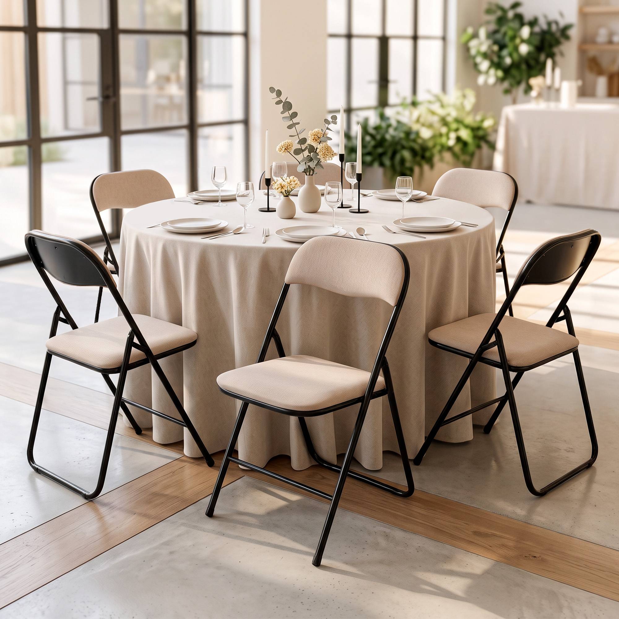 Sicaan Lot de 6 chaises pliantes rembourrées en tissu beige et pieds métal noir - GRETA - Image 1