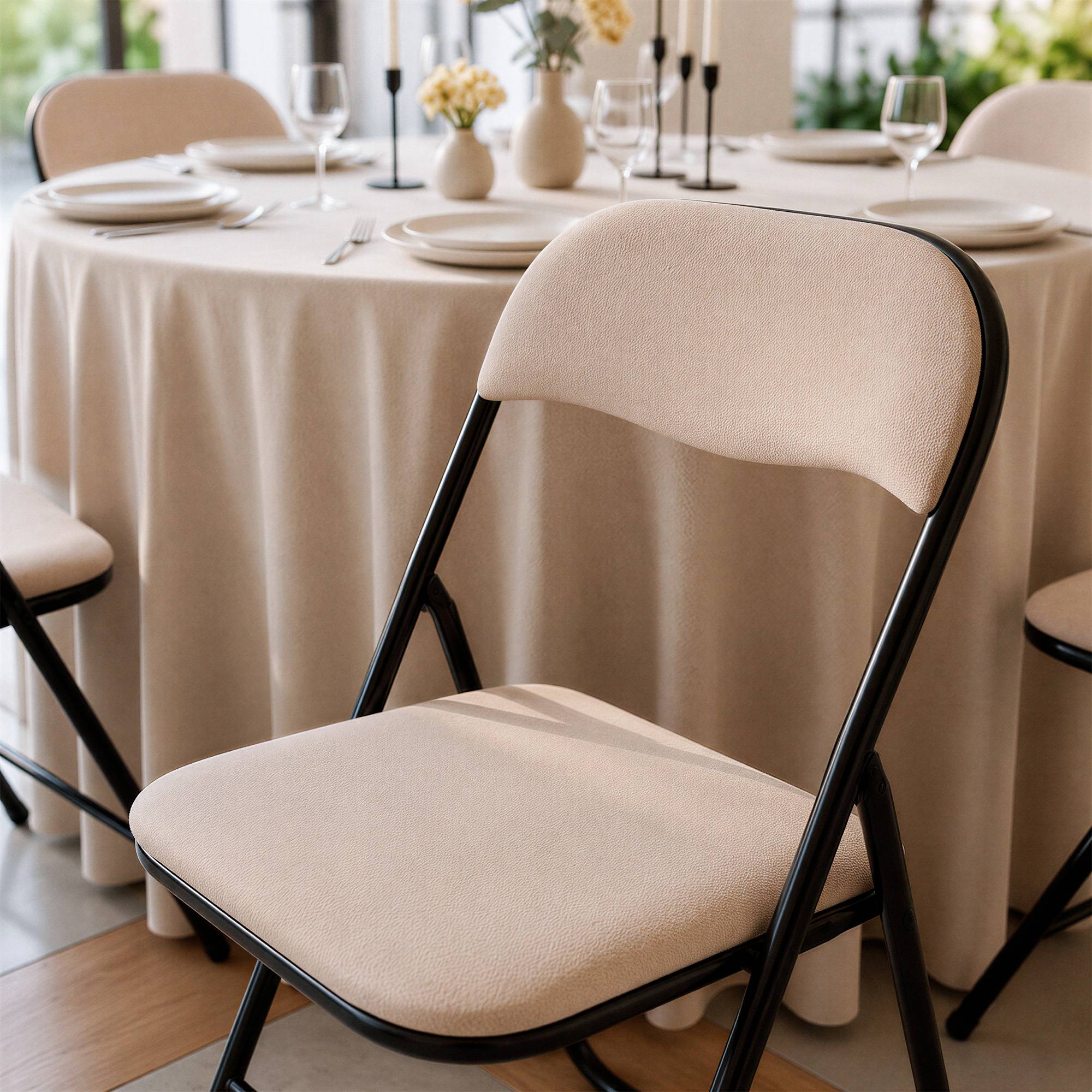Sicaan Lot de 6 chaises pliantes rembourrées en tissu beige et pieds métal noir - GRETA - Image 4