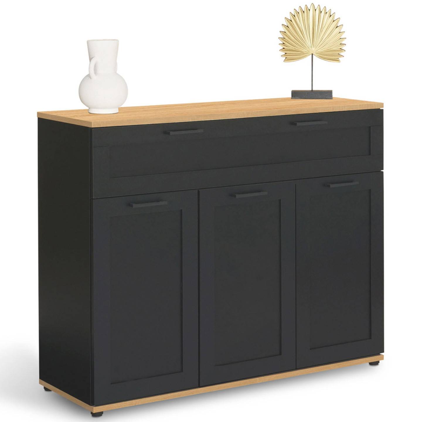 Buffet 100 cm VITO 3 portes et 1 tiroir noir et plateau bois - Image 2