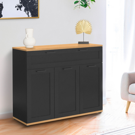 Buffet 100 cm VITO 3 portes et 1 tiroir noir et plateau bois - Image 1