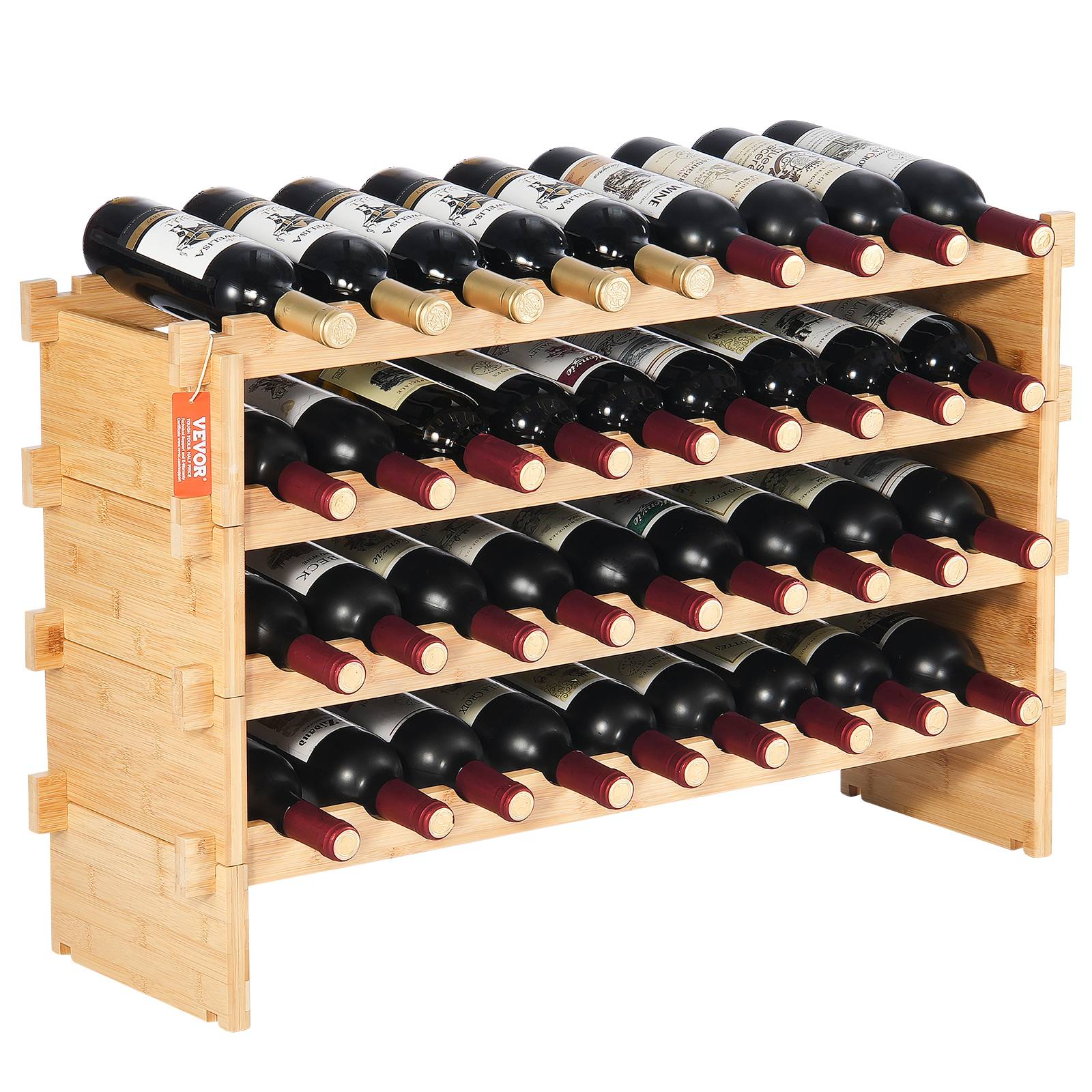 VEVOR Étagère vin modulaire 36 bouteilles, bambou, 4 niveaux. Autoportante, cuisine, bar.