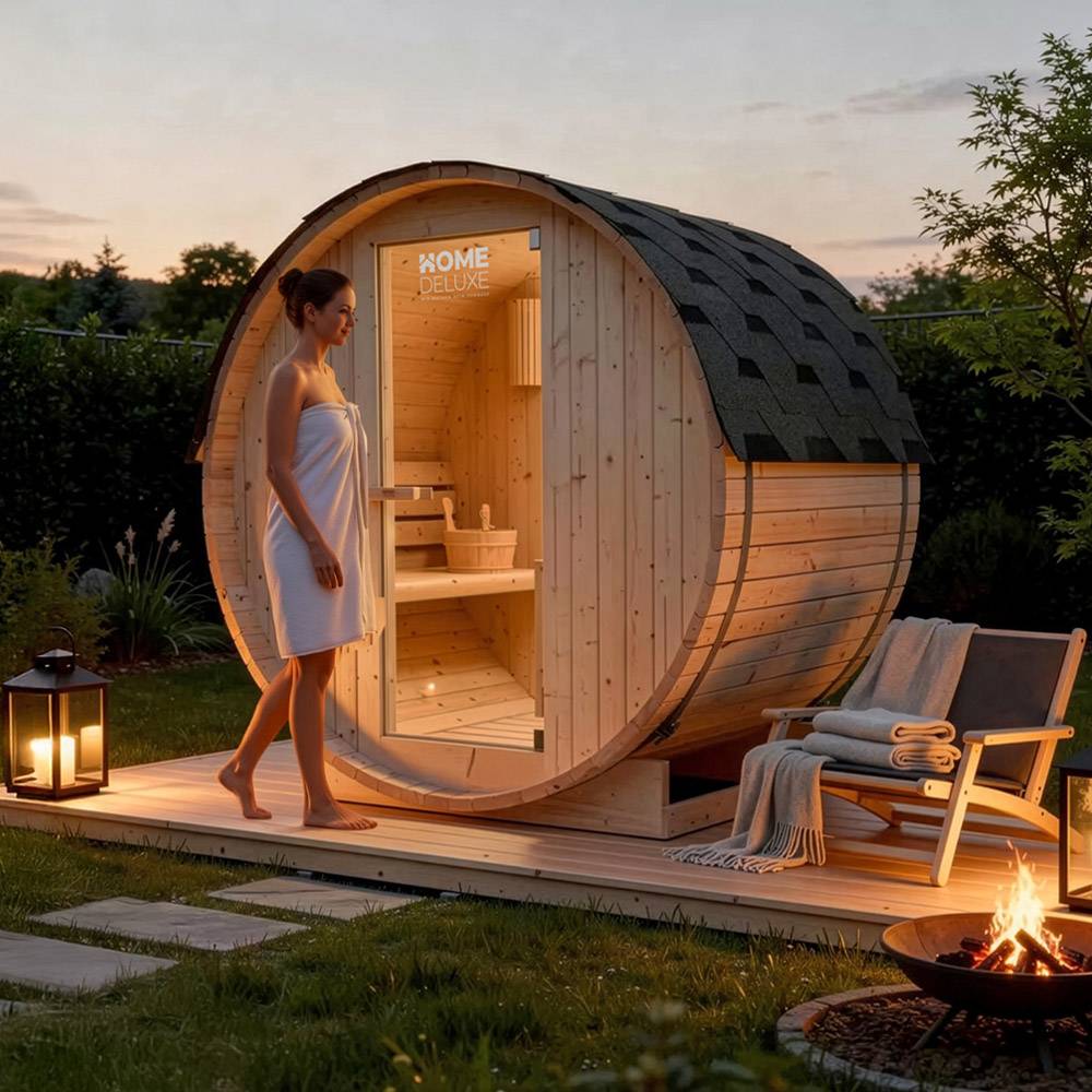 Home Deluxe - HOME DELUXE - Sauna extérieur en tonneau Lahti M - Dimensions : L x P x H : env. 185 cm x 120 cm x 185 cm, bois : épicéa - poêle et accessoires de - Image 3