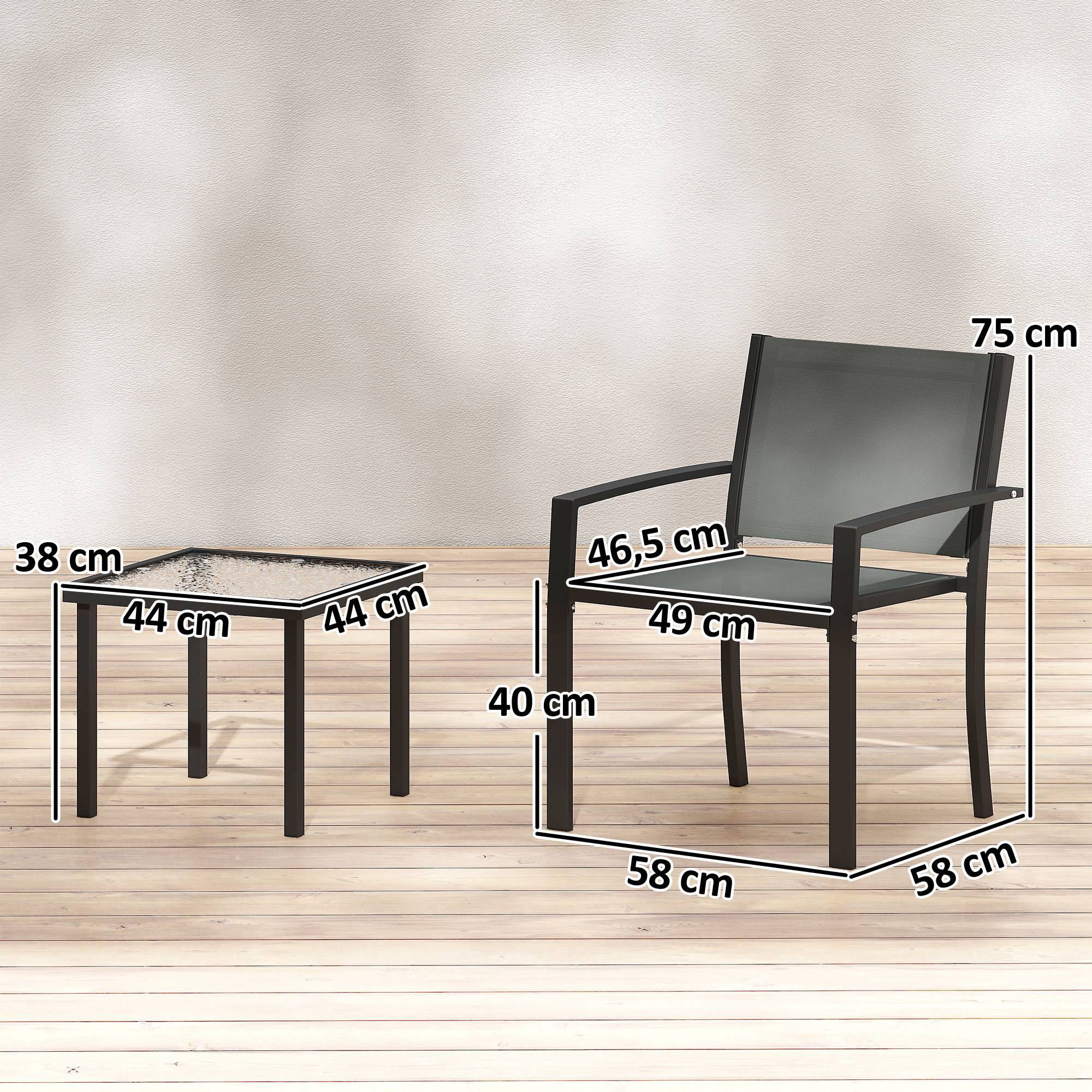 Lot 3pièces gris clair table verre trempé 2 chaises textilène patio - Image 5