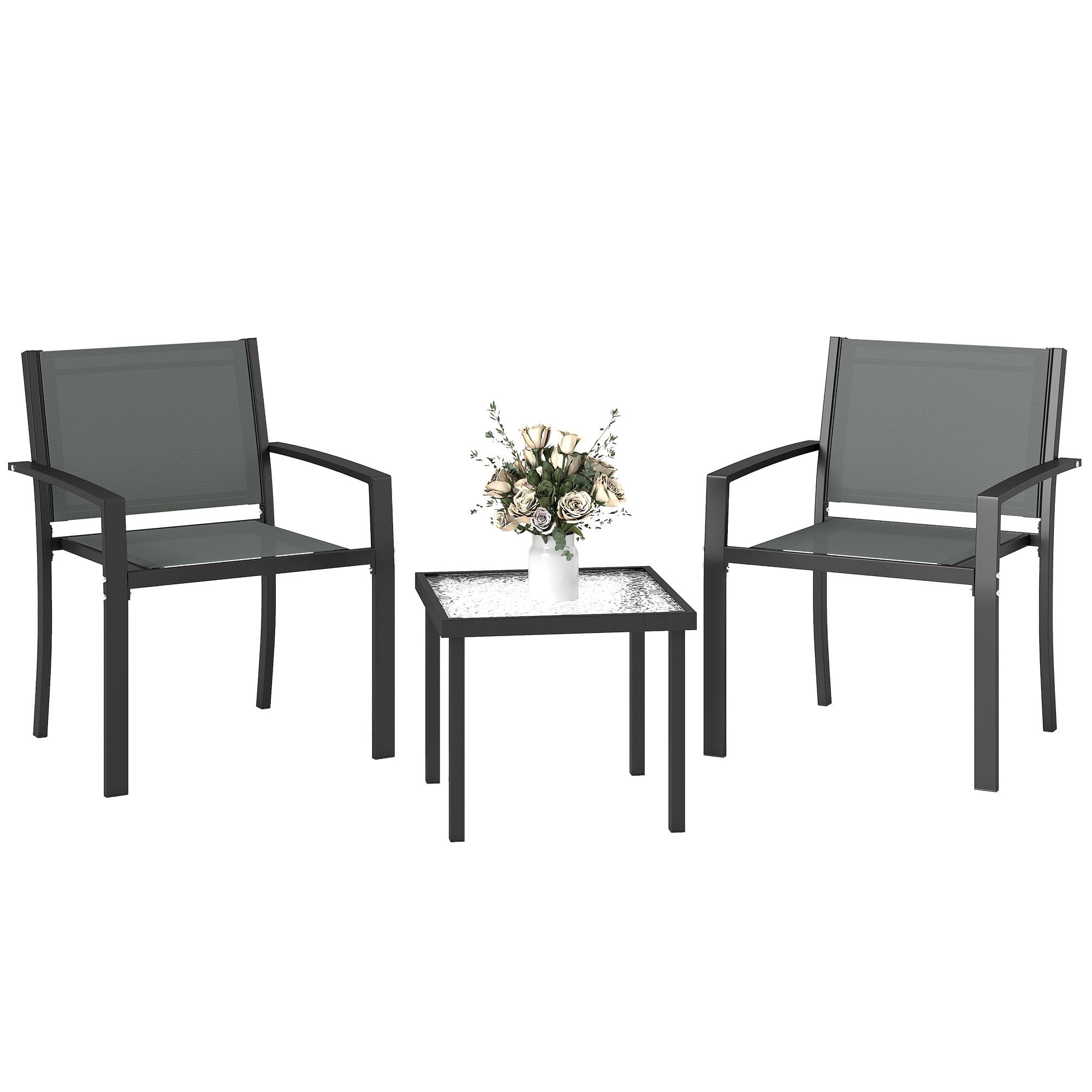 Lot 3pièces gris clair table verre trempé 2 chaises textilène patio - Image 1