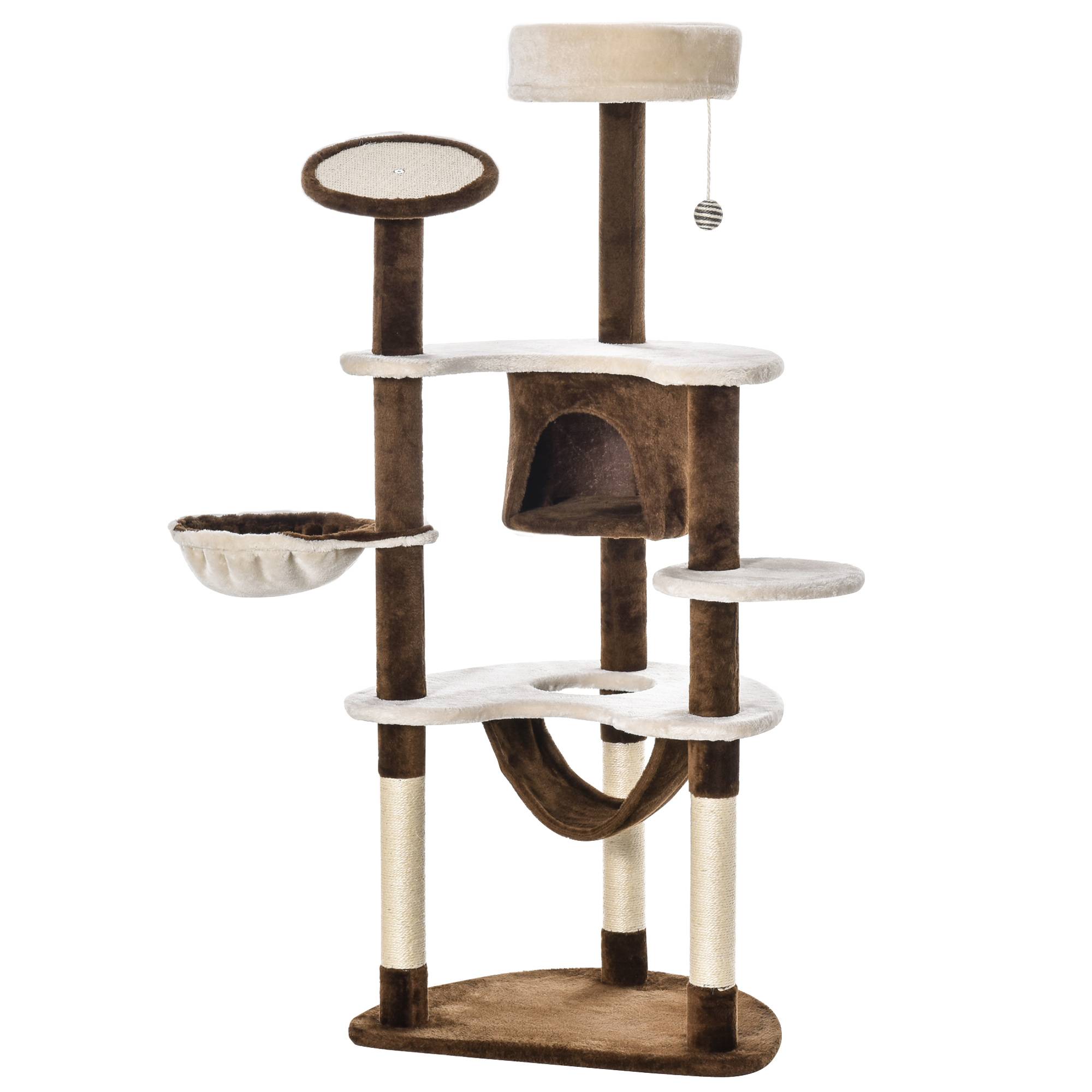 Arbre à chat multiniveau en peluche avec hamac et niche pour jeu 65x50x153cm brun - ComfortXL Outdoor Living - Image 2