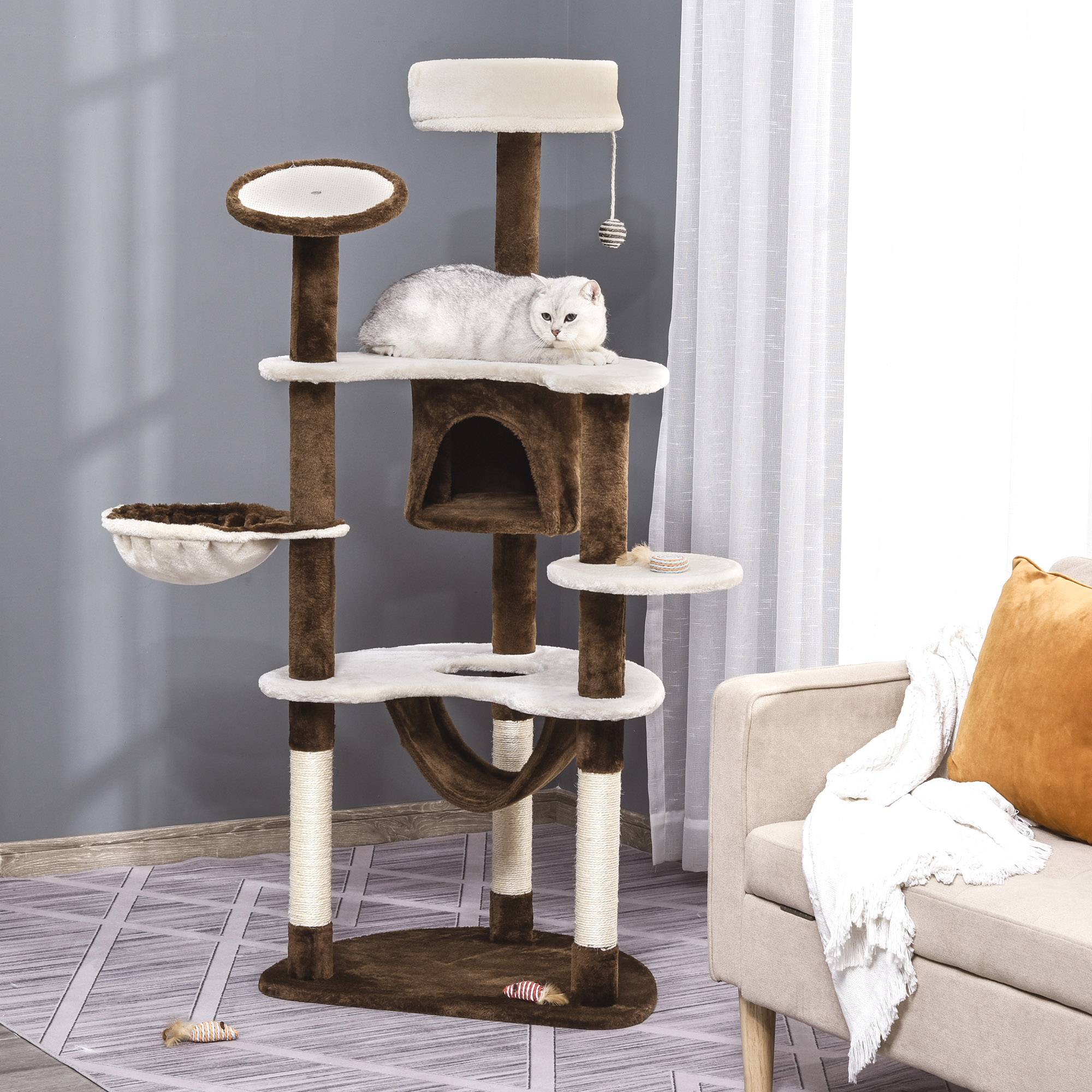 Arbre à chat multiniveau en peluche avec hamac et niche pour jeu 65x50x153cm brun - ComfortXL Outdoor Living - Image 3