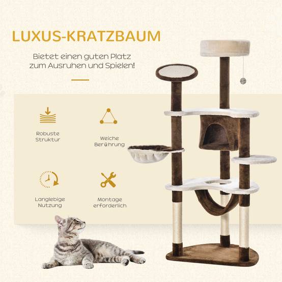 Arbre à chat multiniveau en peluche avec hamac et niche pour jeu 65x50x153cm brun - ComfortXL Outdoor Living - Image 5
