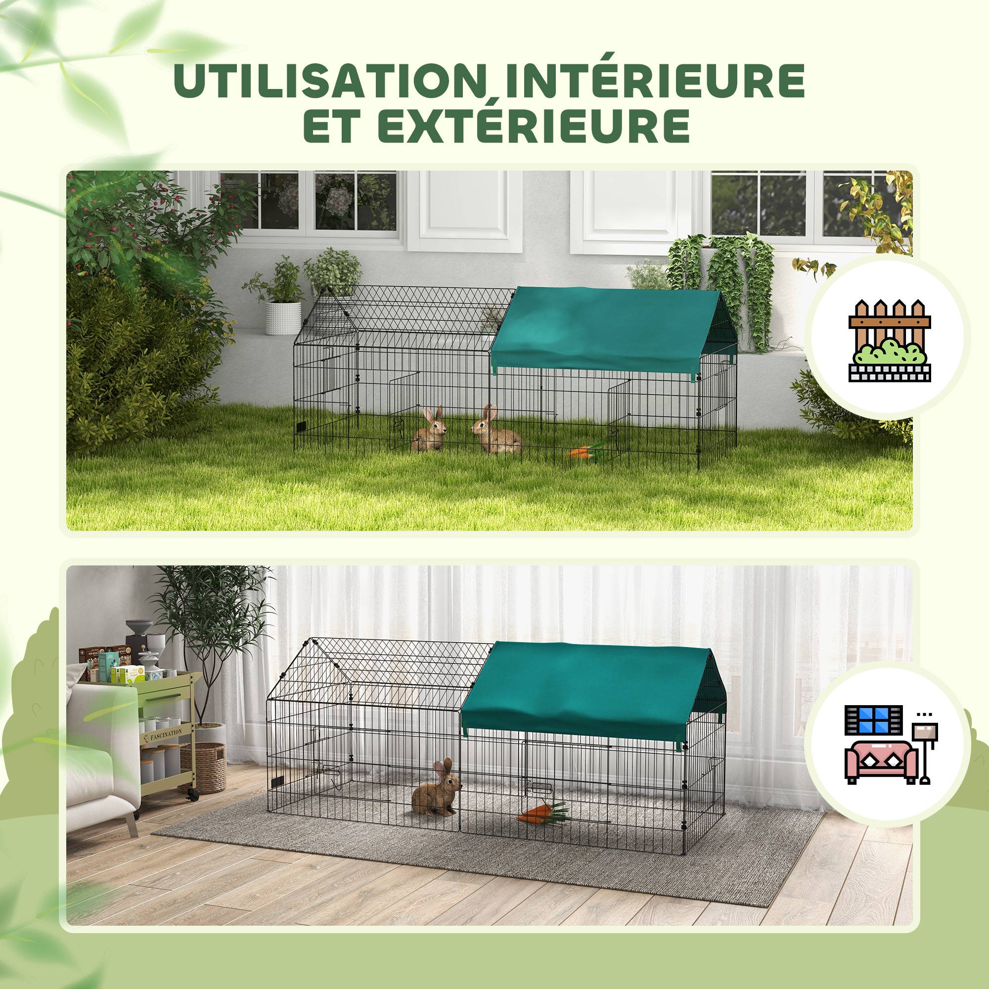 Parc enclos lapin extérieur acier, protection solaire, portes verrouillables, 185x75x75cm, vert - Image 10