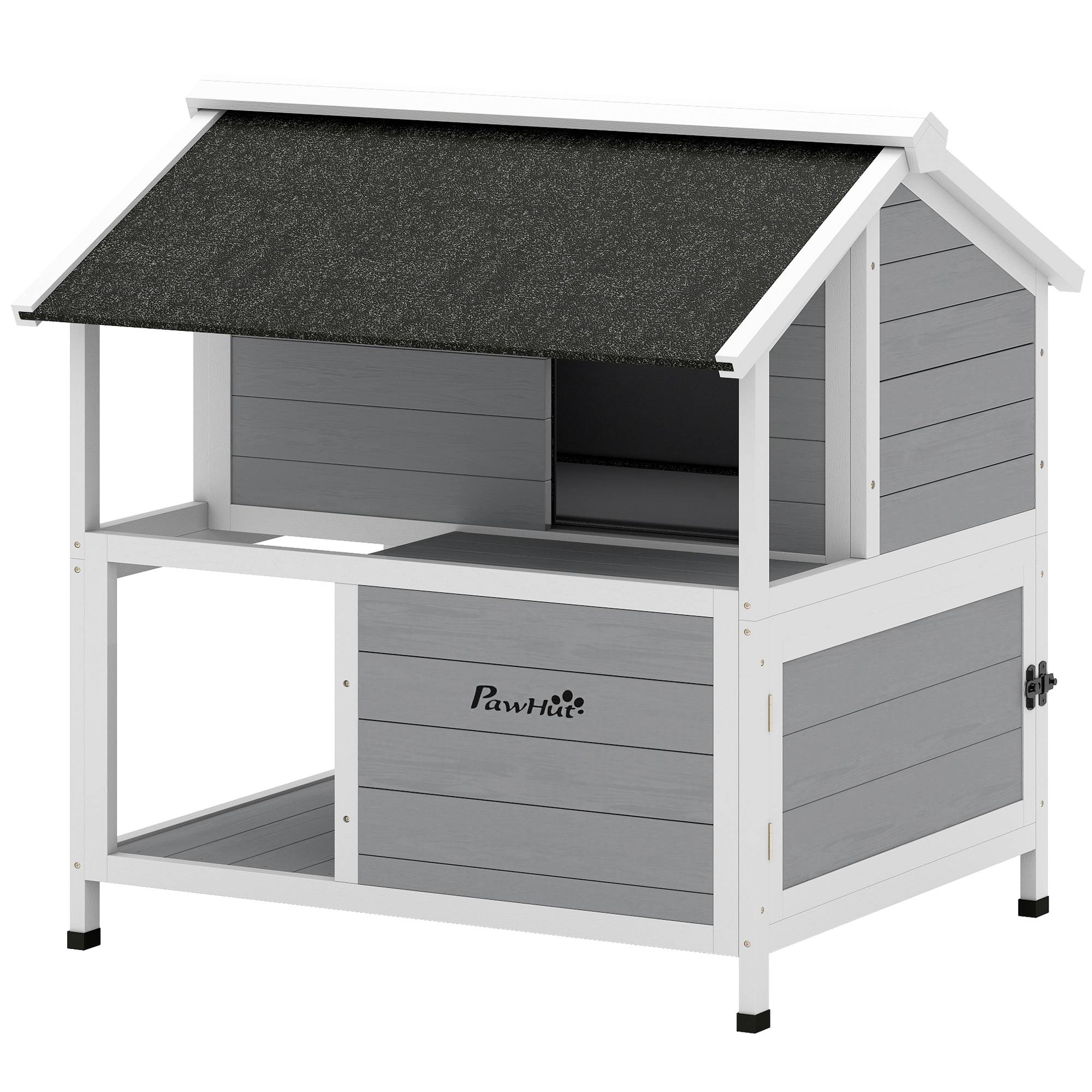 ComfortXL - Maison pour chat extérieur en sapin gris 80 x 93,2 x 95,2 cm isolée avec toit ouvrant pour chats jusqu’à 5 kg - Image 2