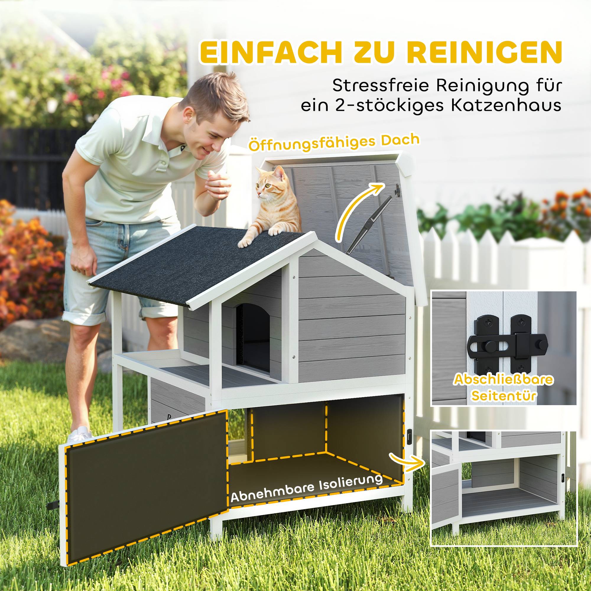 ComfortXL - Maison pour chat extérieur en sapin gris 80 x 93,2 x 95,2 cm isolée avec toit ouvrant pour chats jusqu’à 5 kg - Image 7