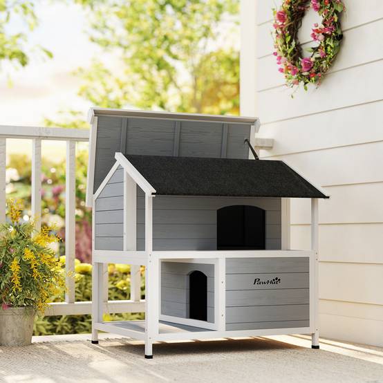 ComfortXL - Maison pour chat extérieur en sapin gris 80 x 93,2 x 95,2 cm isolée avec toit ouvrant pour chats jusqu’à 5 kg - Image 8
