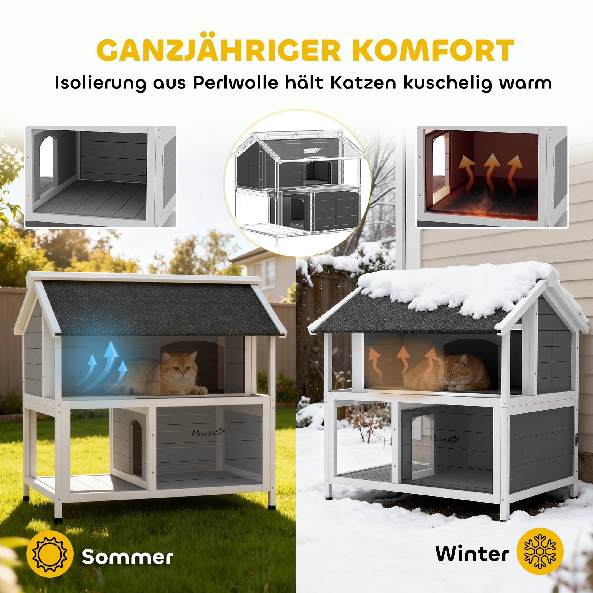 ComfortXL - Maison pour chat extérieur en sapin gris 80 x 93,2 x 95,2 cm isolée avec toit ouvrant pour chats jusqu’à 5 kg - Image 4