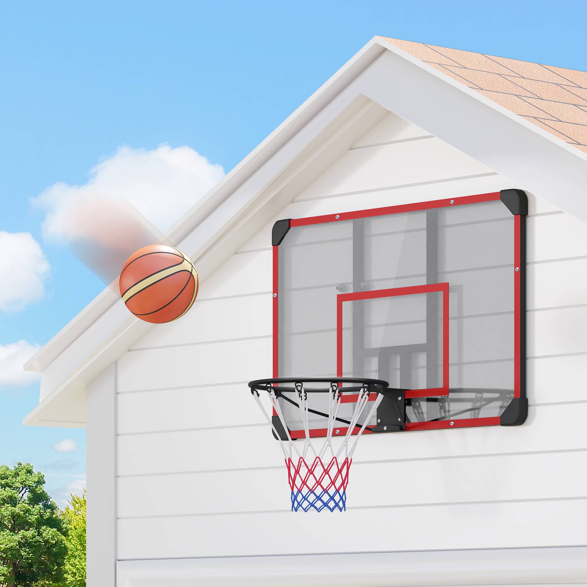 ComfortXL - Panier de basket mural acier 113 x 61 cm noir transparent rouge intérieur extérieur avec filet nylon - Image 6