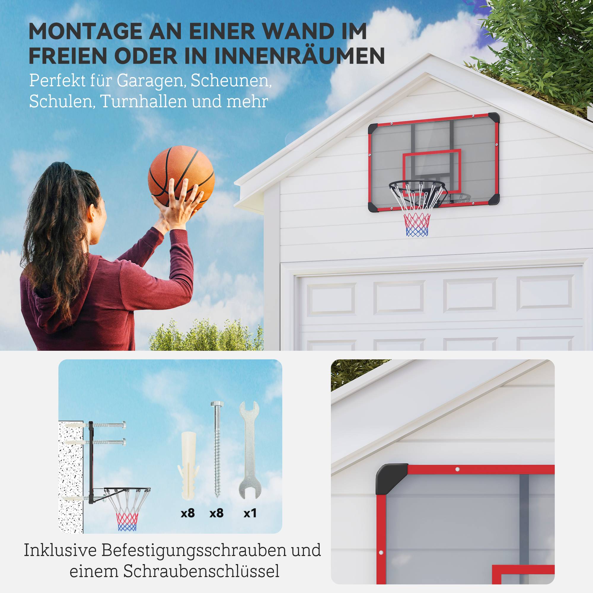ComfortXL - Panier de basket mural acier 113 x 61 cm noir transparent rouge intérieur extérieur avec filet nylon - Image 3