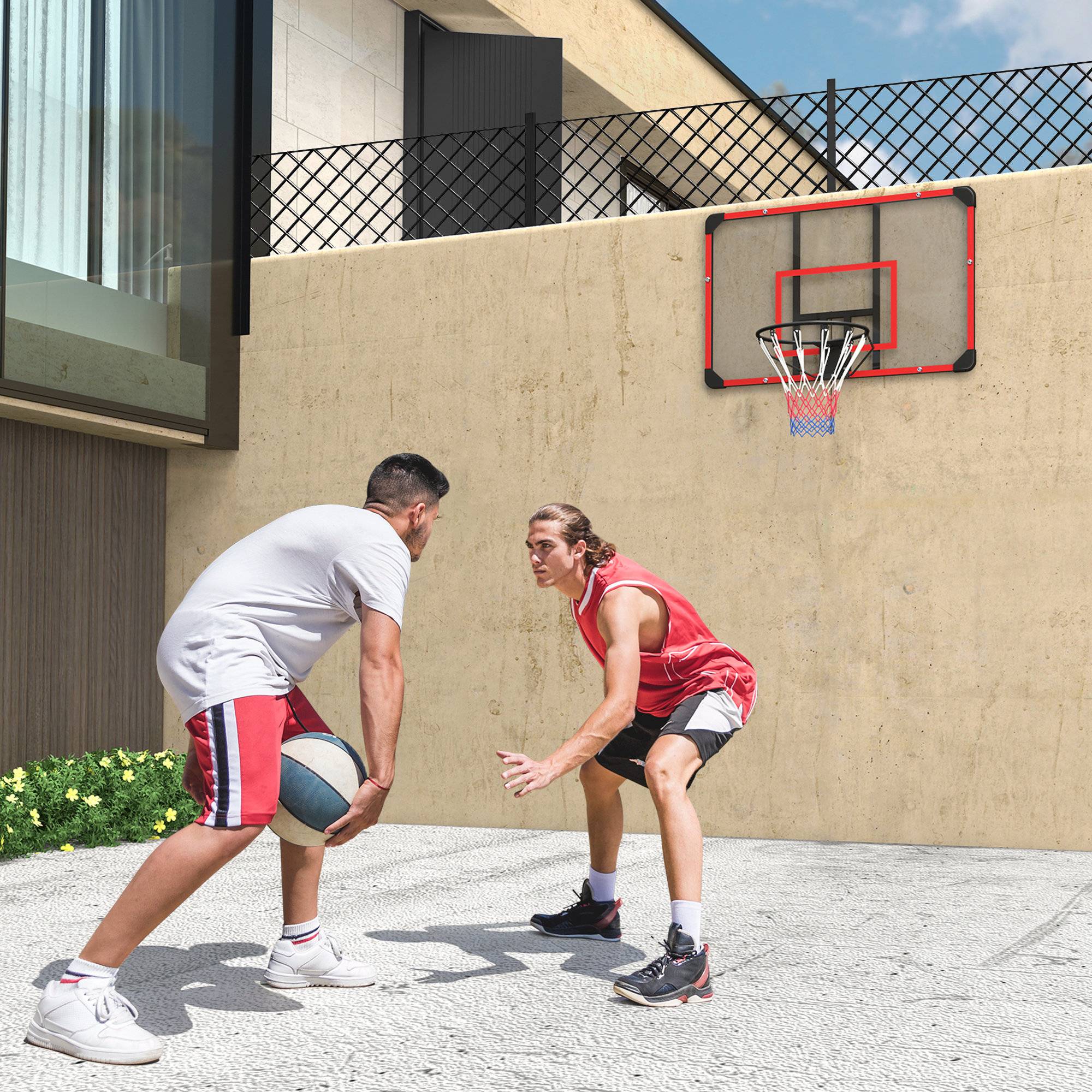 ComfortXL - Panier de basket mural acier 113 x 61 cm noir transparent rouge intérieur extérieur avec filet nylon - Image 1