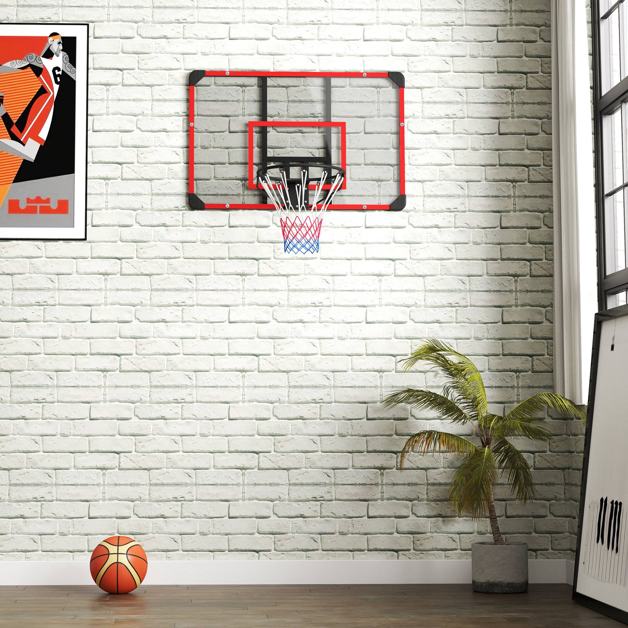 ComfortXL - Panier de basket mural acier 113 x 61 cm noir transparent rouge intérieur extérieur avec filet nylon - Image 5