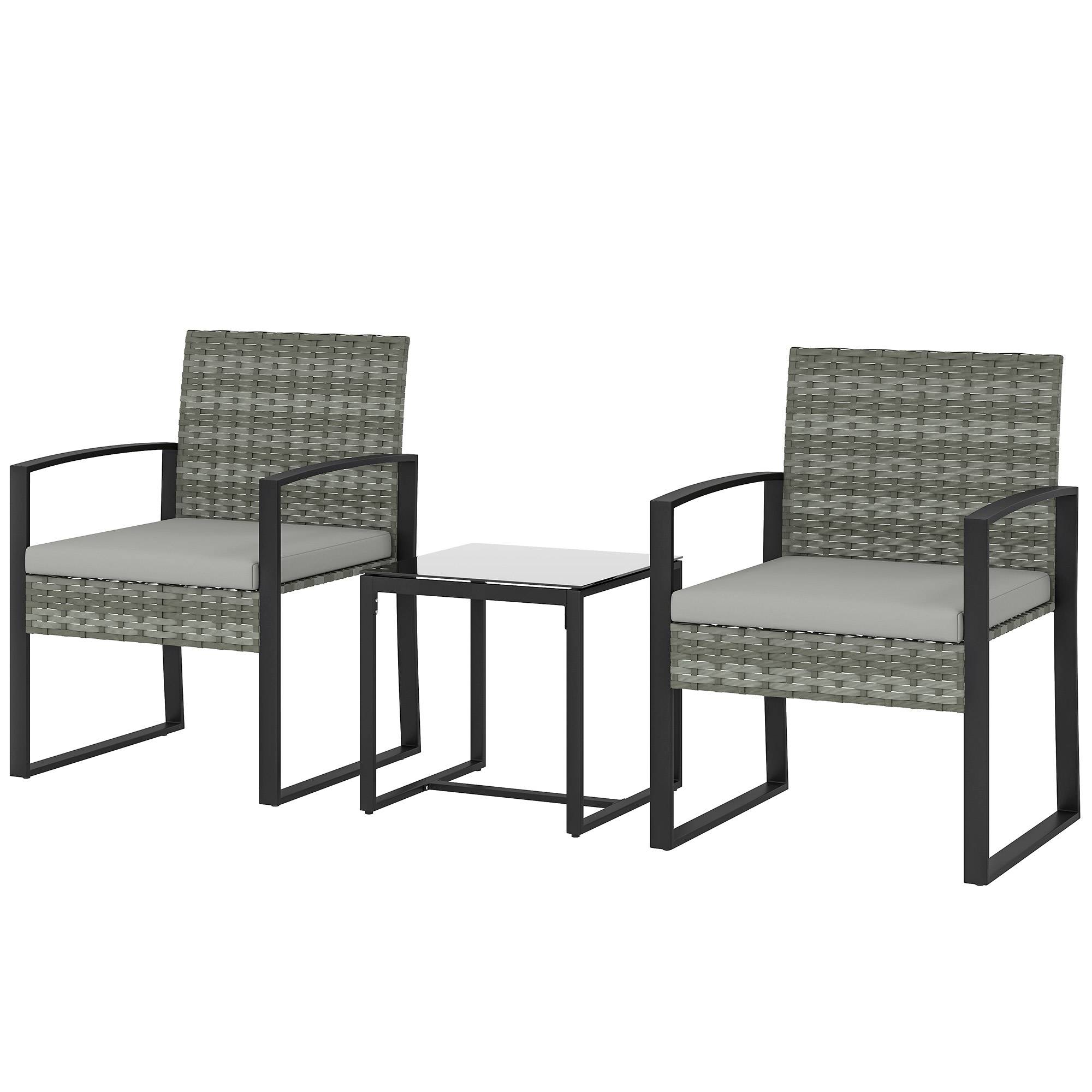 ComfortXL - Salon de jardin 3 pièces résine tressée acier gris clair balcon terrasse table basse verre trempé coussins - Image 2