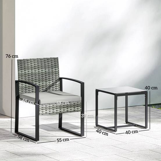 ComfortXL - Salon de jardin 3 pièces résine tressée acier gris clair balcon terrasse table basse verre trempé coussins - Image 3