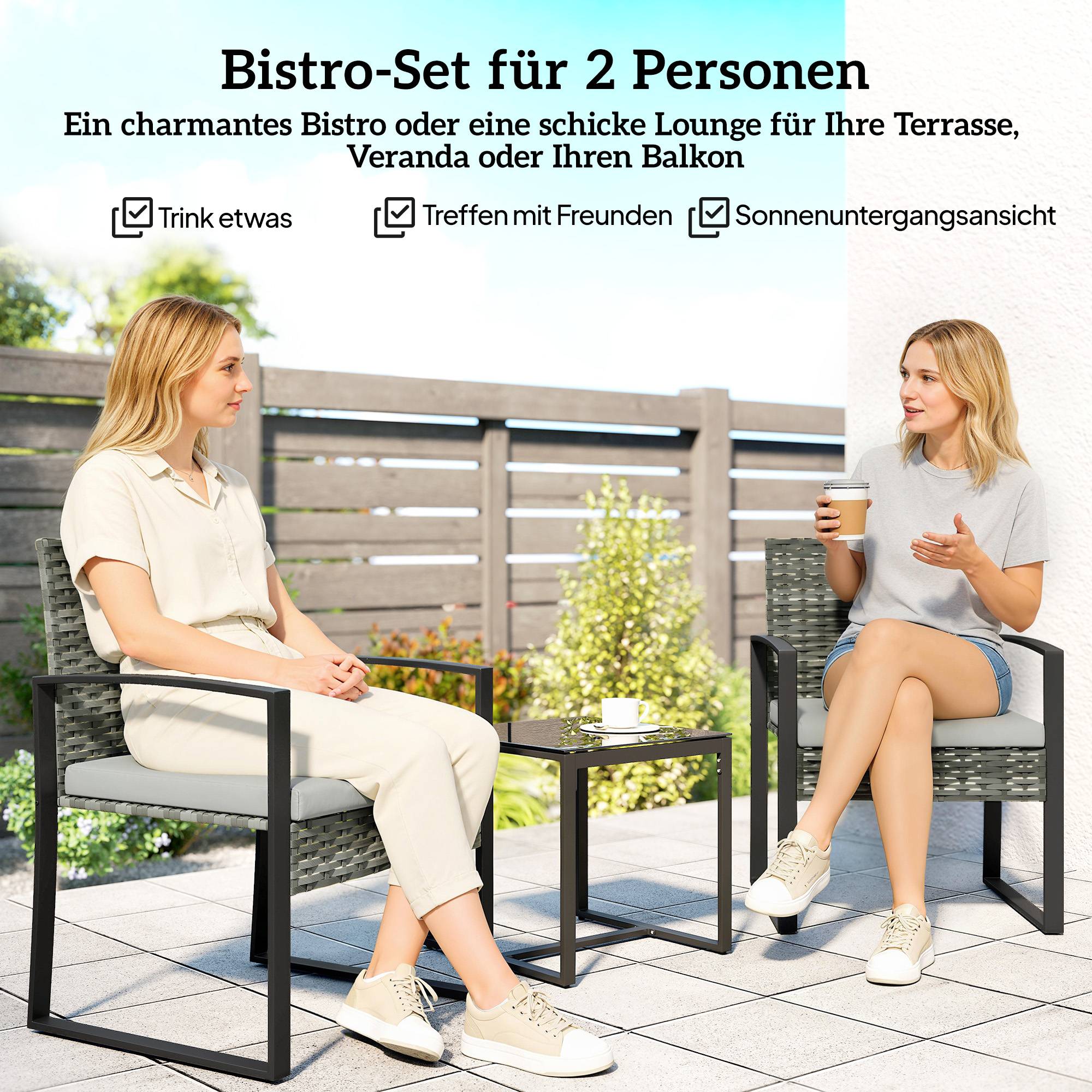 ComfortXL - Salon de jardin 3 pièces résine tressée acier gris clair balcon terrasse table basse verre trempé coussins - Image 4