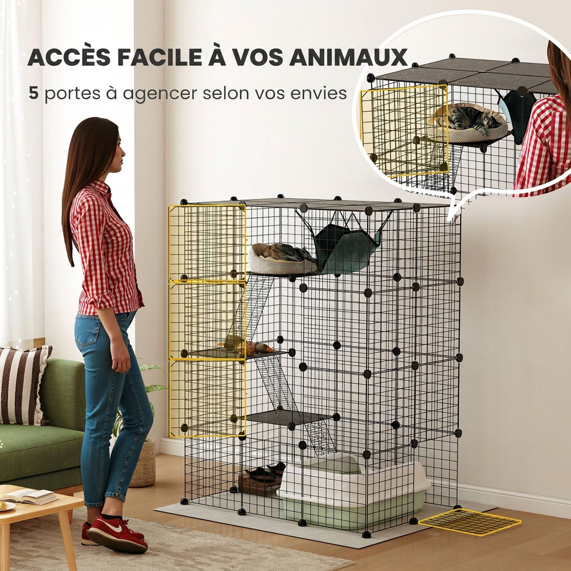 Sans Marque - Cage pour chat d'intérieur parc pour chat en acier à 4 niveaux DIY avec 5 portes hamac 1-3 chats 105 x 70 x 140 cm noir - Image 8