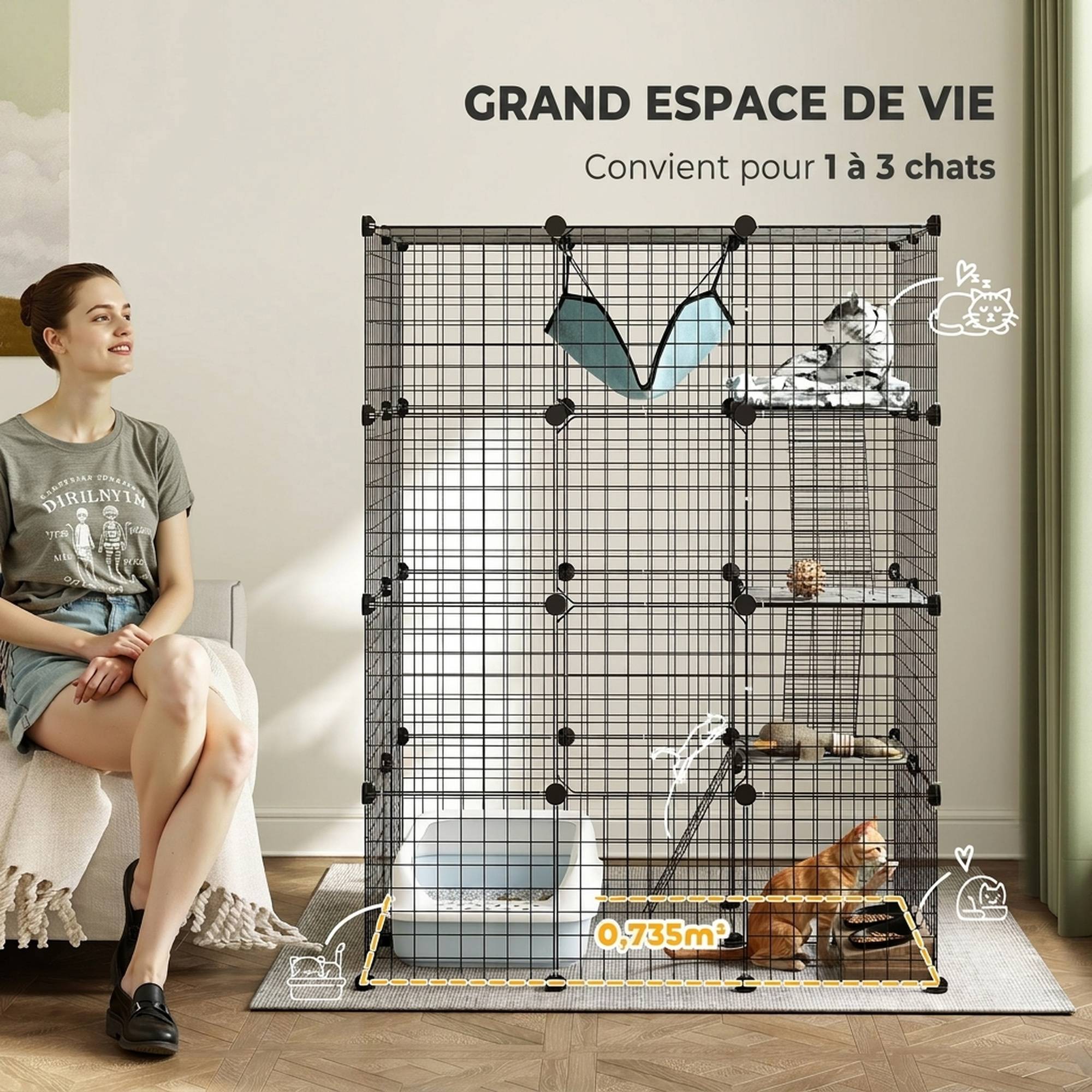 Sans Marque - Cage pour chat d'intérieur parc pour chat en acier à 4 niveaux DIY avec 5 portes hamac 1-3 chats 105 x 70 x 140 cm noir - Image 6