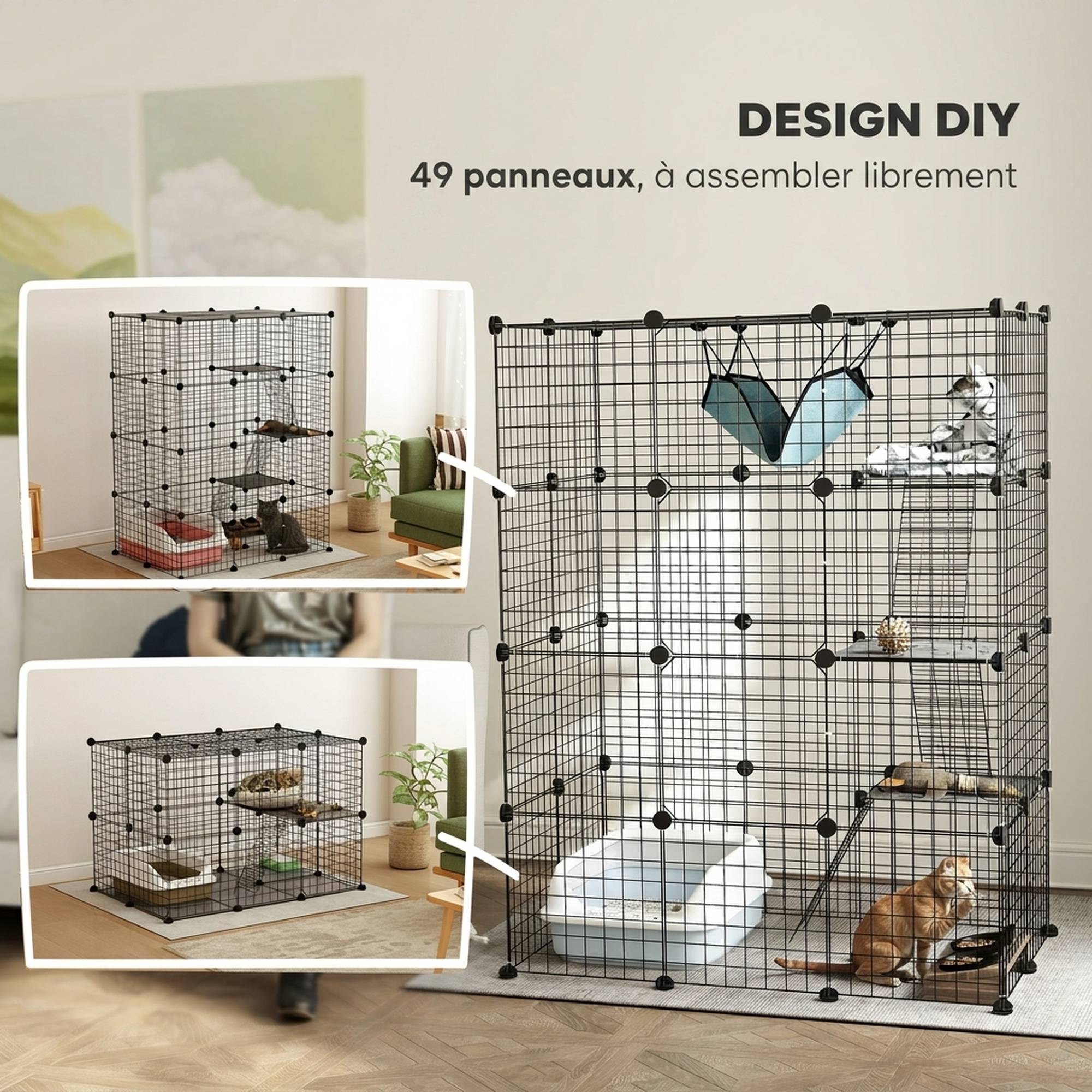 Sans Marque - Cage pour chat d'intérieur parc pour chat en acier à 4 niveaux DIY avec 5 portes hamac 1-3 chats 105 x 70 x 140 cm noir - Image 7