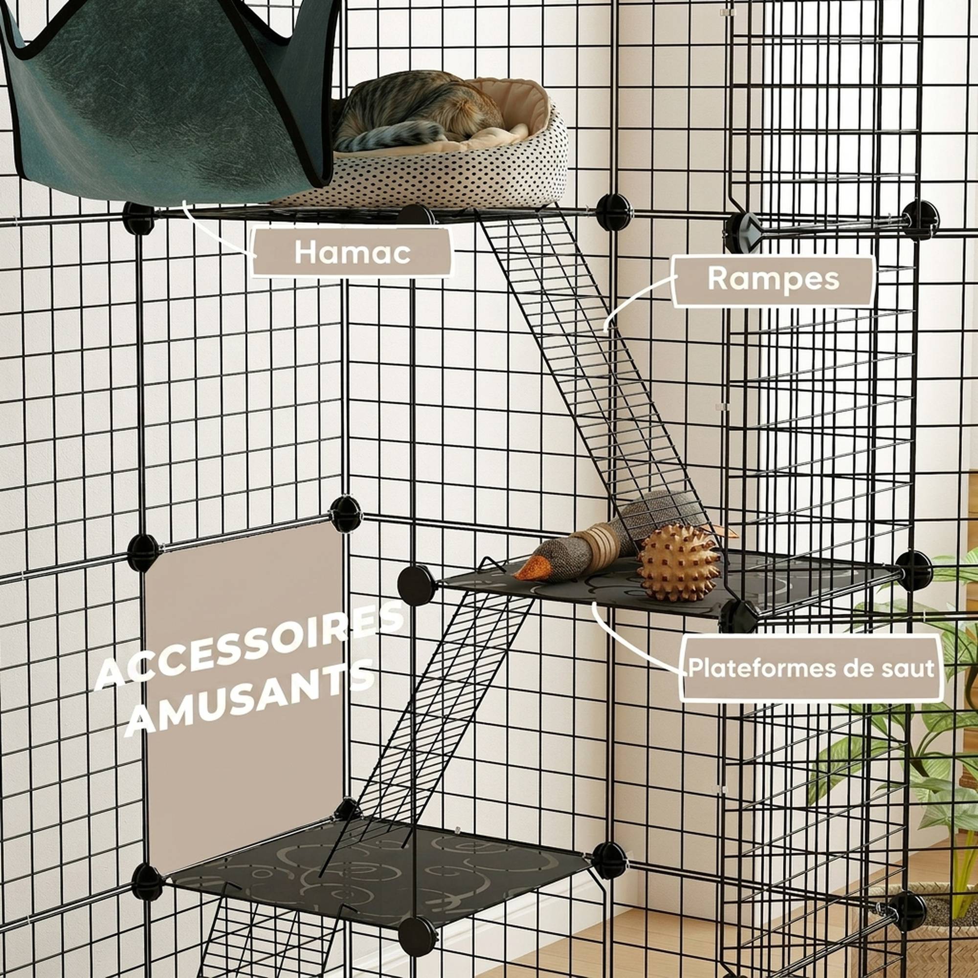 Sans Marque - Cage pour chat d'intérieur parc pour chat en acier à 4 niveaux DIY avec 5 portes hamac 1-3 chats 105 x 70 x 140 cm noir - Image 9
