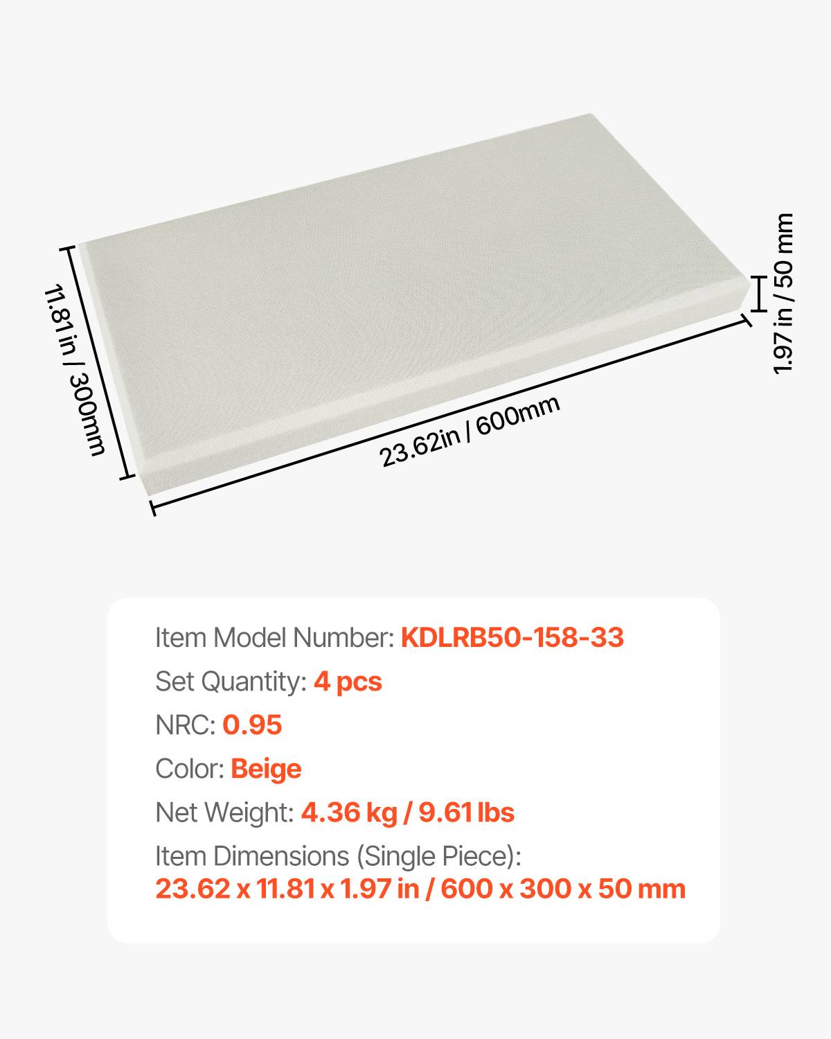 Vevor - VEVOR Panneaux acoustiques muraux autocollants, lot de 4, fibre de verre 60x30x5 cm, NRC 0,95, pose sans perçage, beige. - Image 6