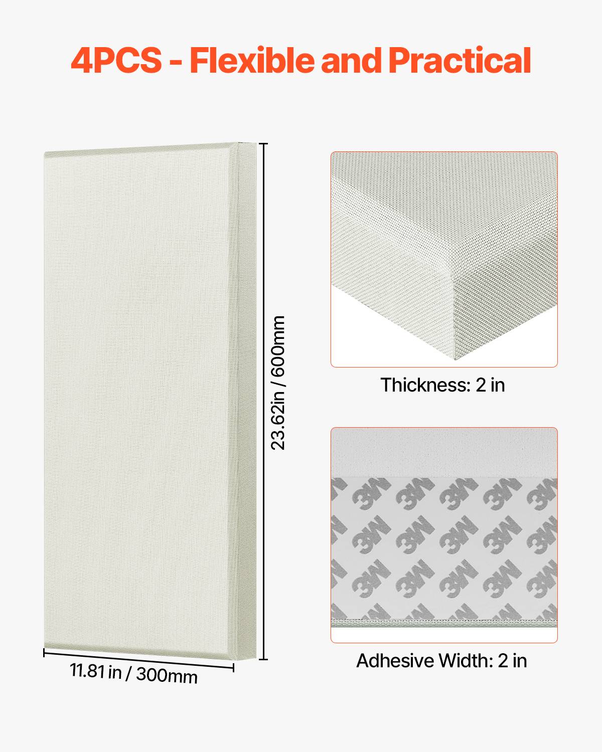Vevor - VEVOR Panneaux acoustiques muraux autocollants, lot de 4, fibre de verre 60x30x5 cm, NRC 0,95, pose sans perçage, beige. - Image 5