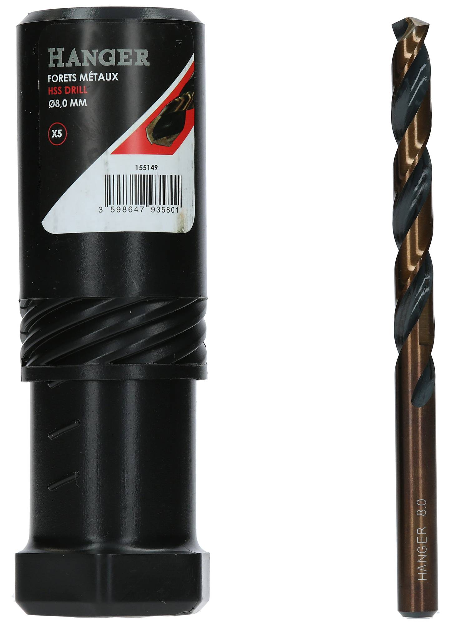 Boite de 5 forets métaux HSS taillés meulés diamètre 8mm - HANGER - 155149 - Image 1