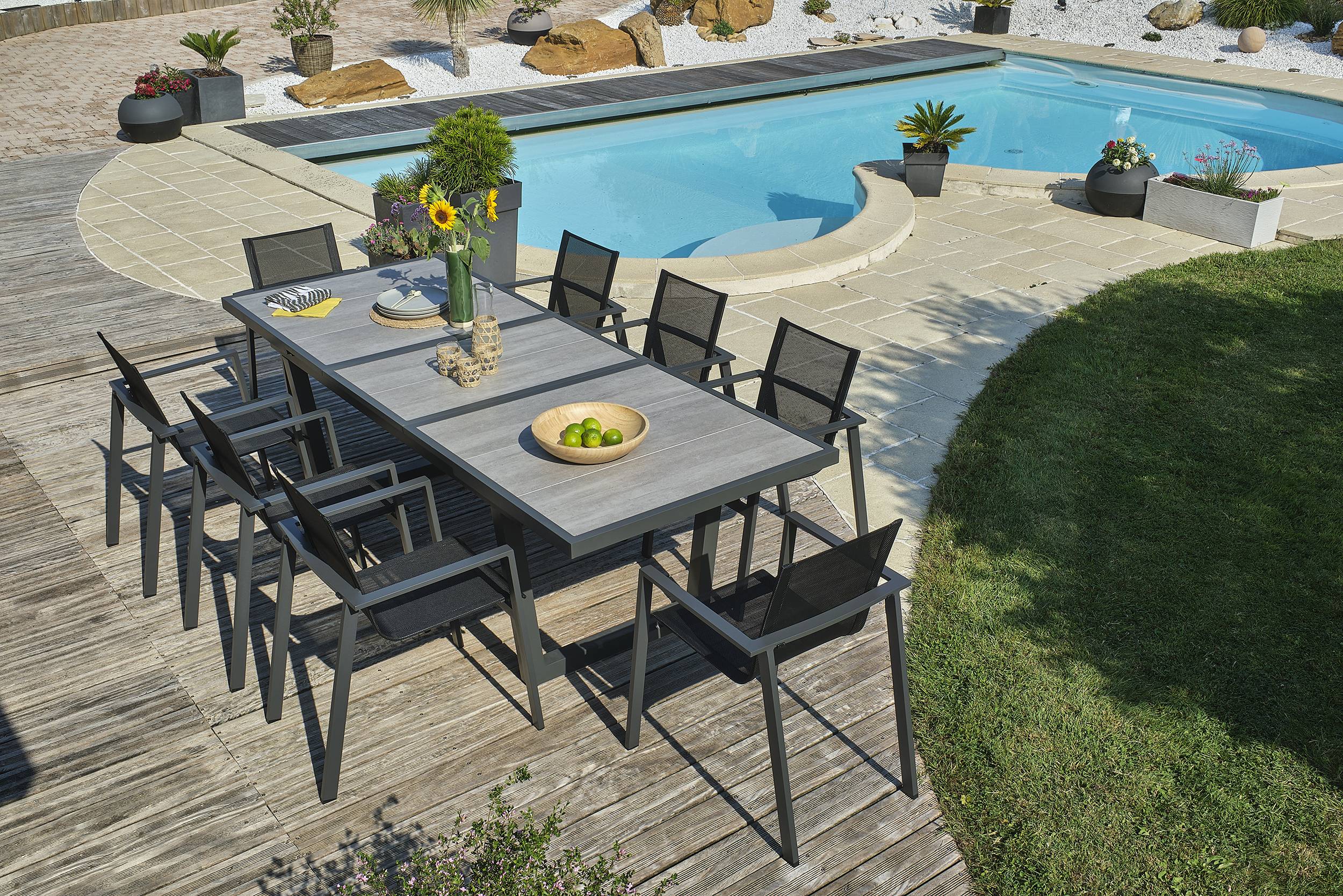 Dcb Garden - Ensemble repas 8 places en aluminium et plateau céramique - Gris anthracite - OLHOS - Image 1