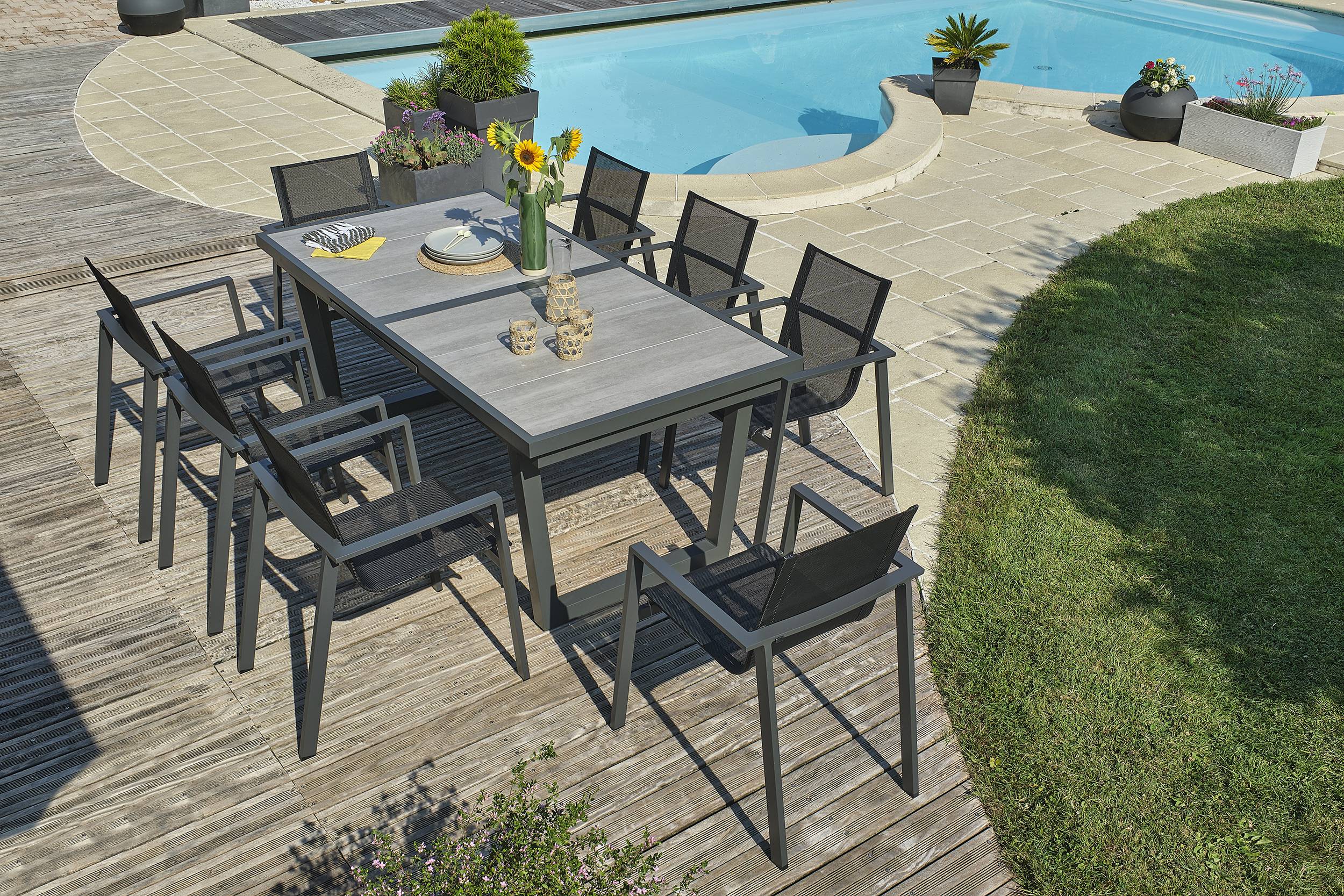 Dcb Garden - Ensemble repas 8 places en aluminium et plateau céramique - Gris anthracite - OLHOS - Image 8