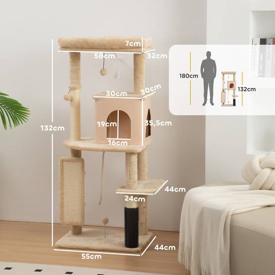 Arbre à chat de 132 cm avec plateformes, poteau à brosse, balles suspendues et tapis à griffer, beige - Image 5