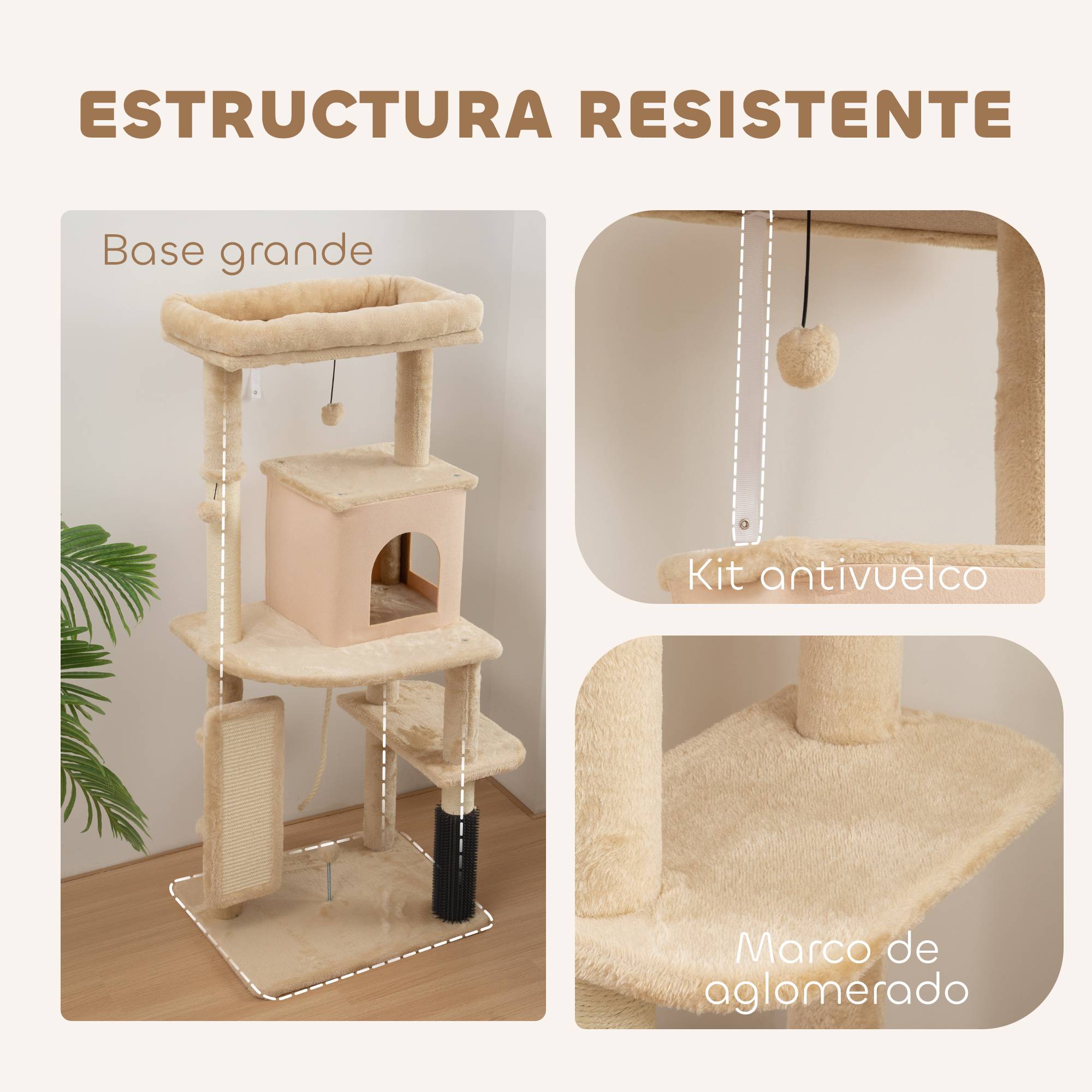 Arbre à chat de 132 cm avec plateformes, poteau à brosse, balles suspendues et tapis à griffer, beige - Image 8