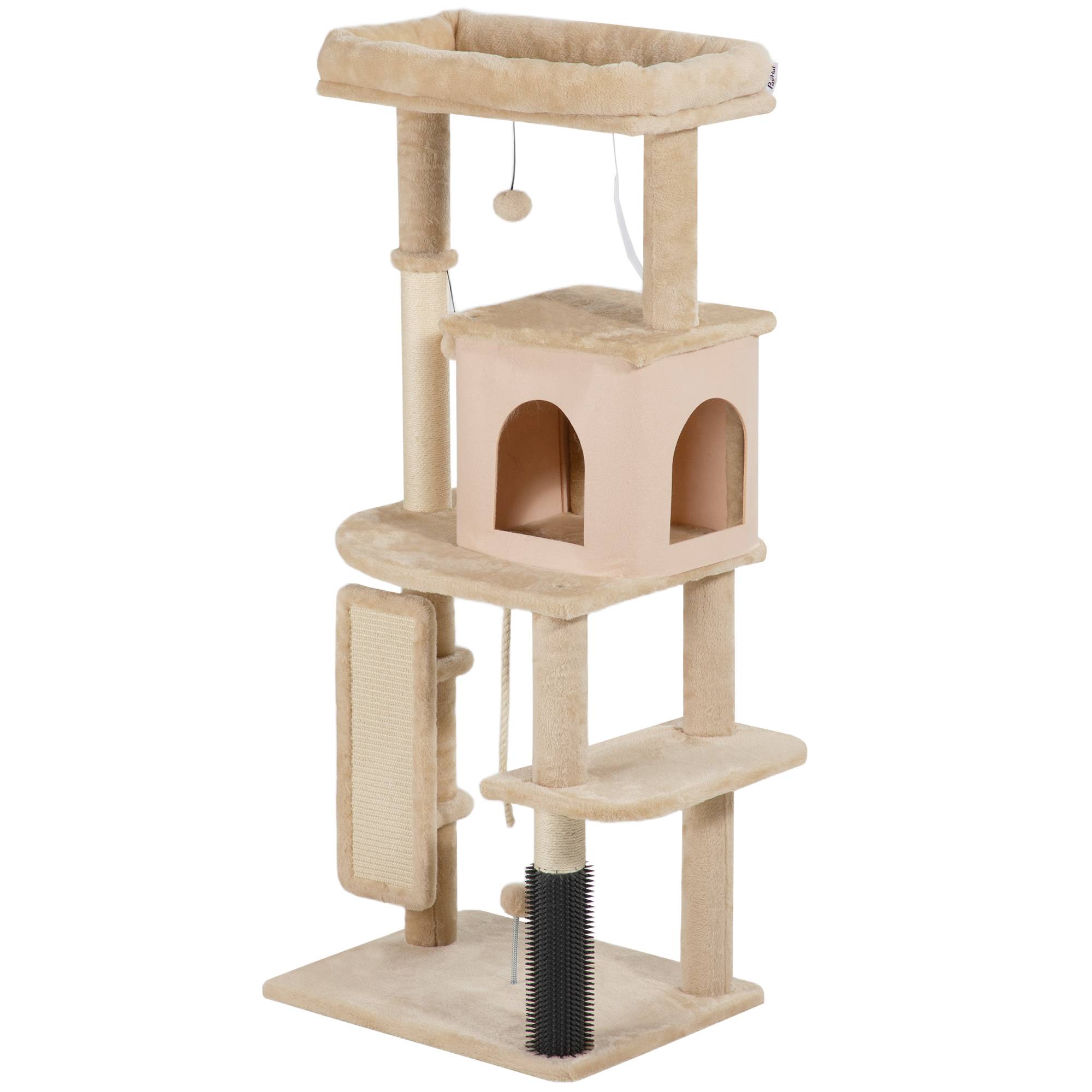 Arbre à chat de 132 cm avec plateformes, poteau à brosse, balles suspendues et tapis à griffer, beige - Image 2