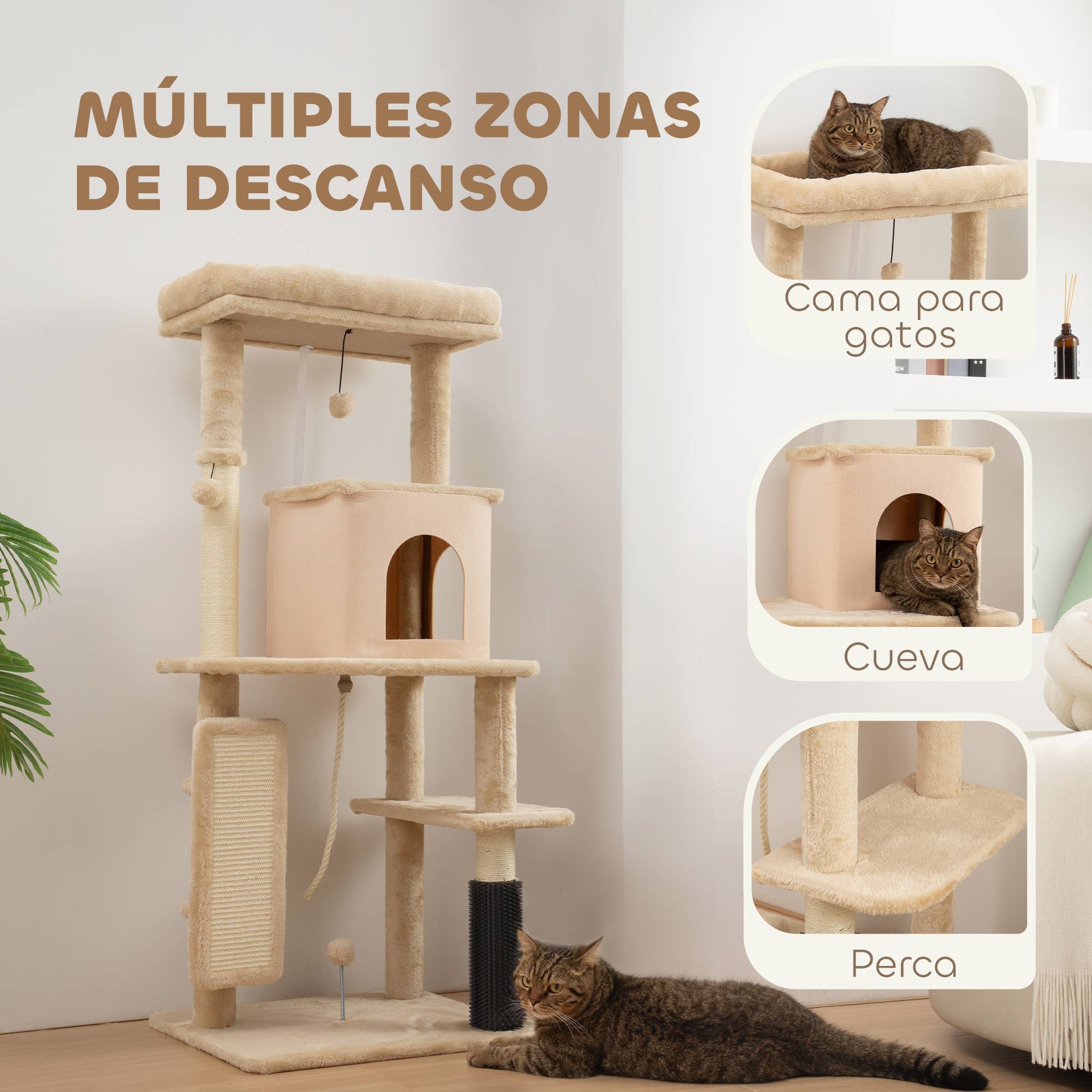 Arbre à chat de 132 cm avec plateformes, poteau à brosse, balles suspendues et tapis à griffer, beige - Image 6