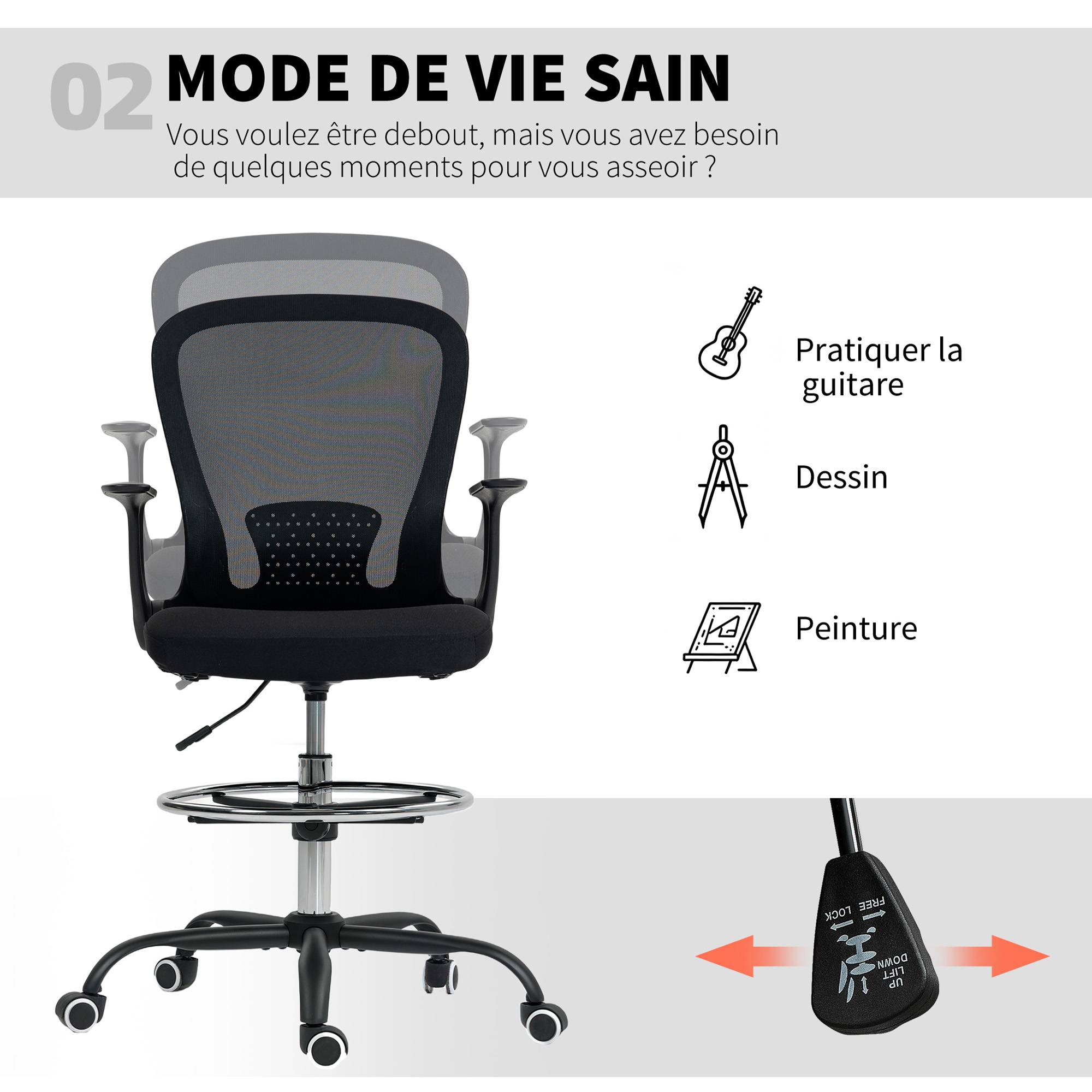 Sans Marque - Chaise bureau ergonomique avec repose-pieds ajustable et accoudoirs relevables, hauteur réglable, 59x62x99-119cm, noir - Image 7