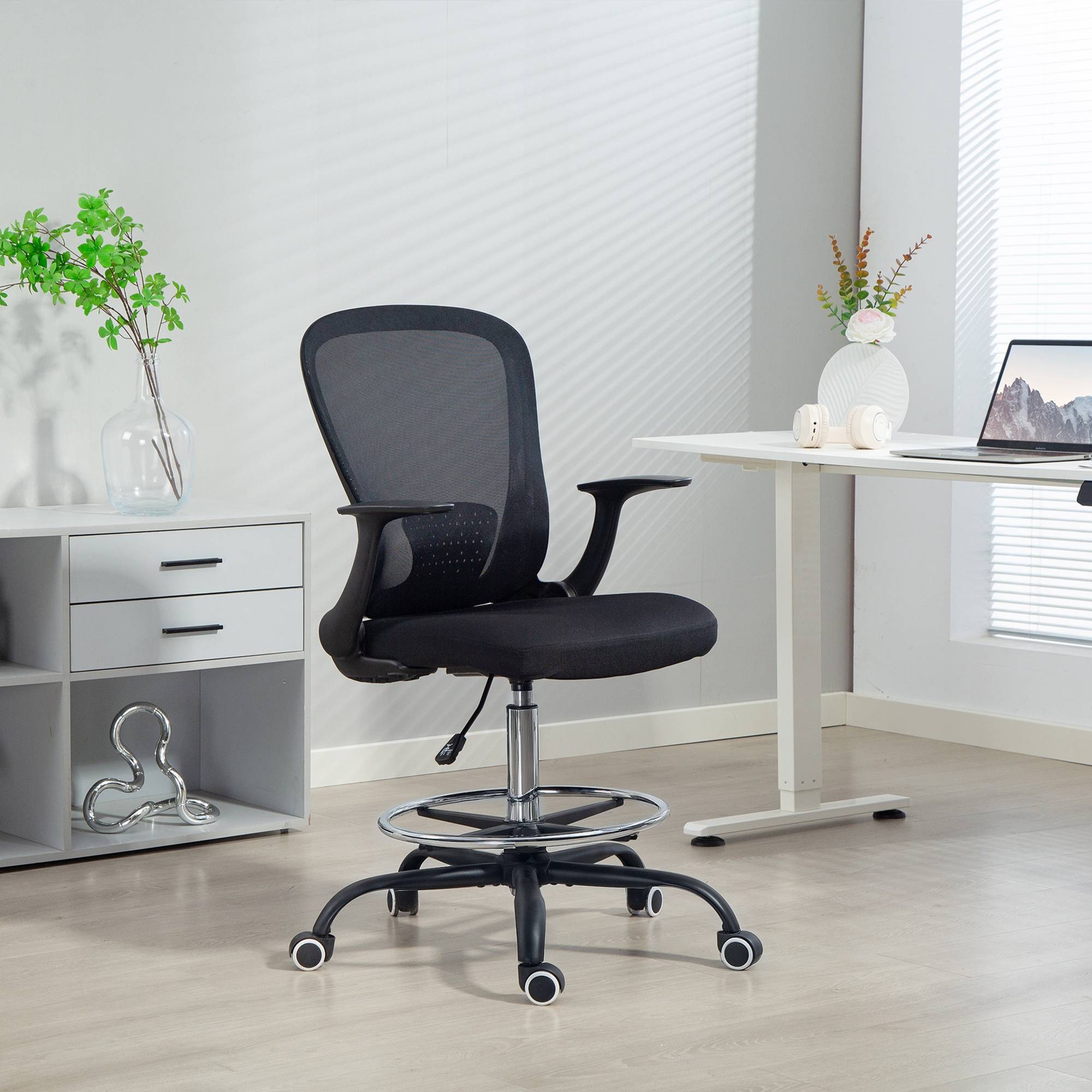 Sans Marque - Chaise bureau ergonomique avec repose-pieds ajustable et accoudoirs relevables, hauteur réglable, 59x62x99-119cm, noir - Image 3