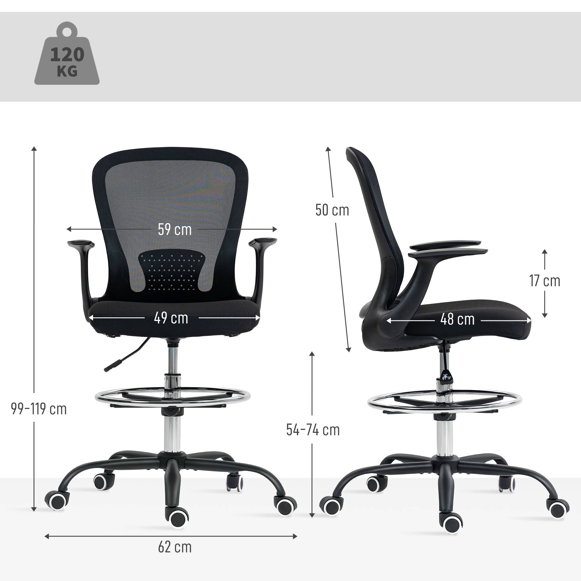Sans Marque - Chaise bureau ergonomique avec repose-pieds ajustable et accoudoirs relevables, hauteur réglable, 59x62x99-119cm, noir - Image 5