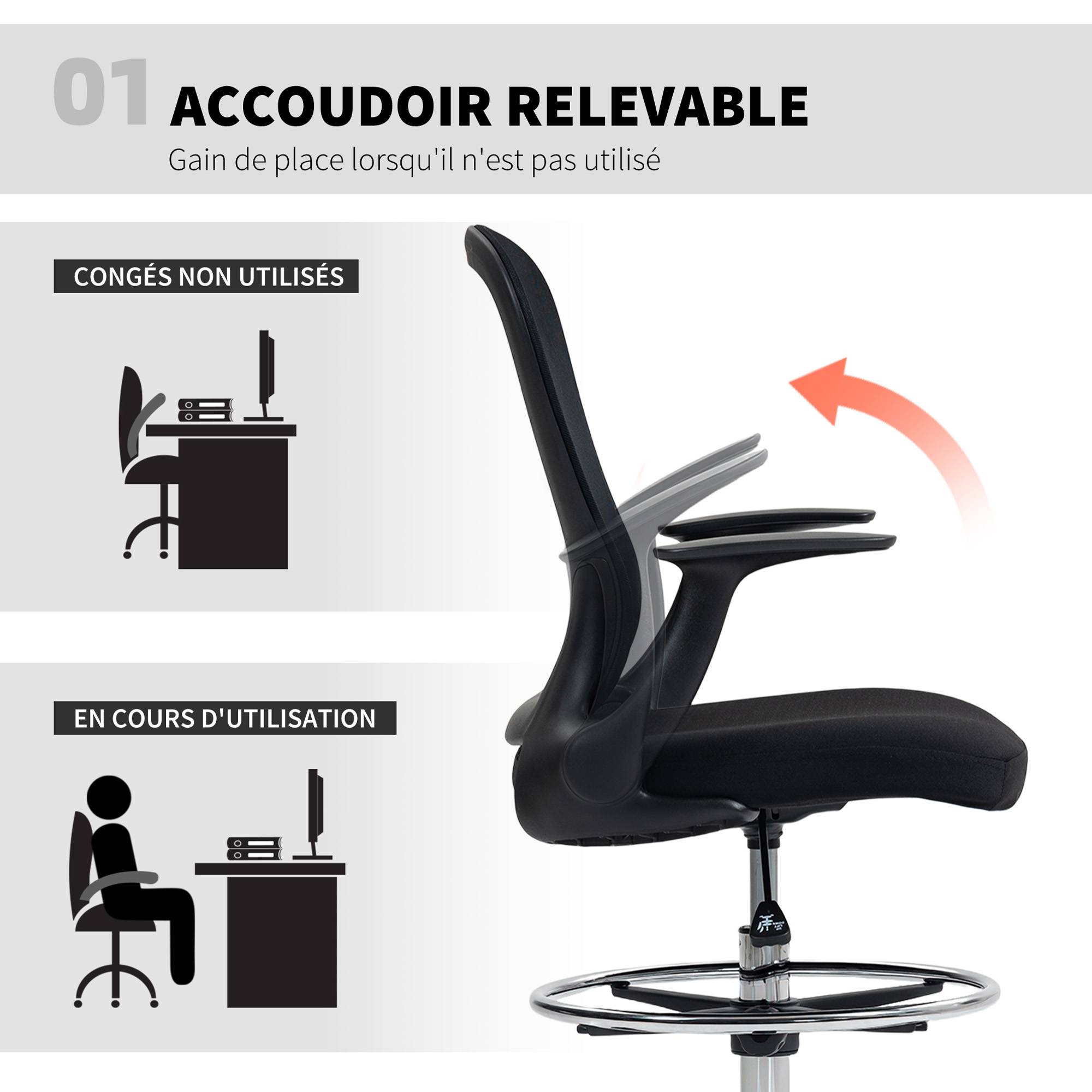 Sans Marque - Chaise bureau ergonomique avec repose-pieds ajustable et accoudoirs relevables, hauteur réglable, 59x62x99-119cm, noir - Image 6